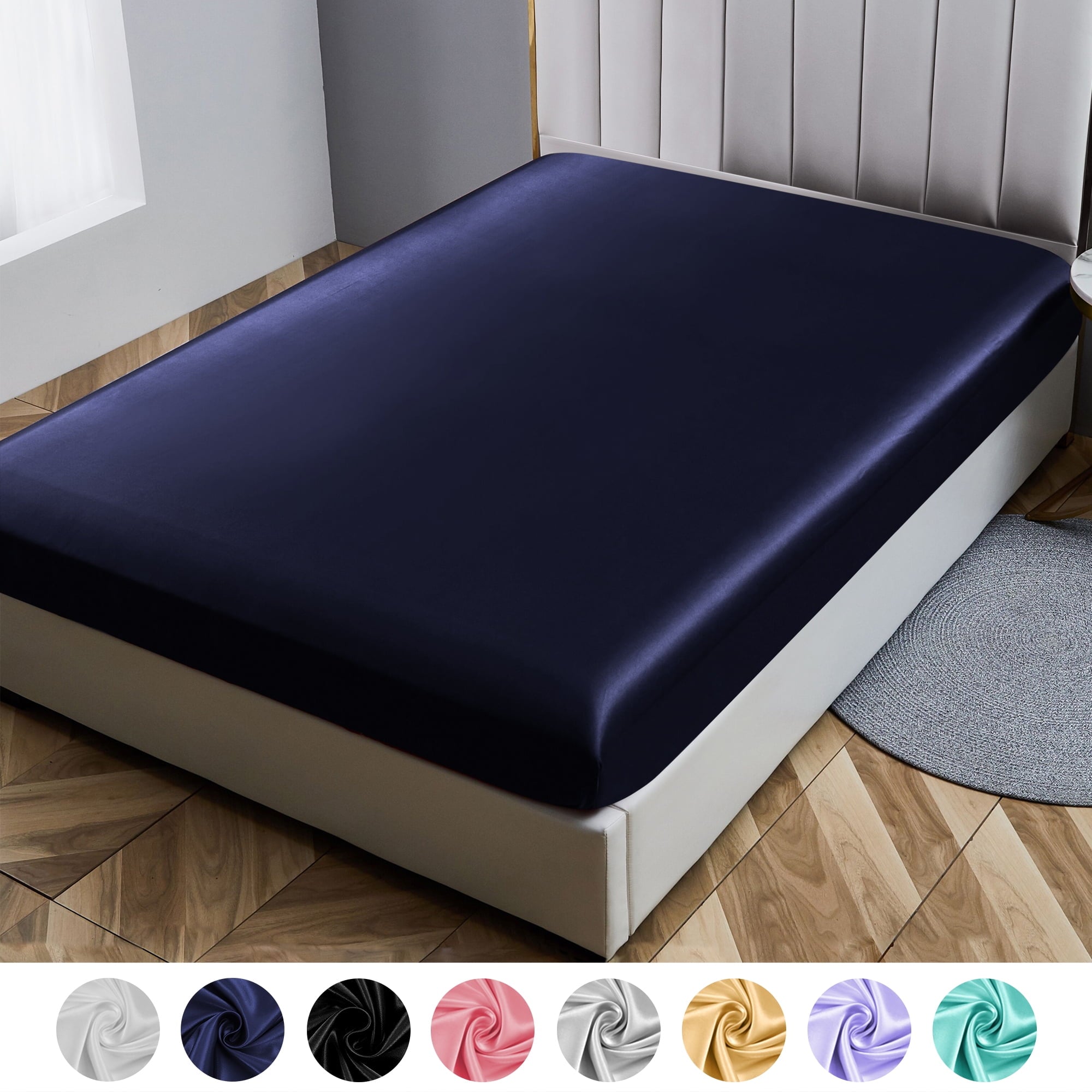 ANMINY Fitted Sheet Deep Pocket Bed Sheet Satin Silk Sheets Ultra Soft Machine Washable Twin, Navy Blue