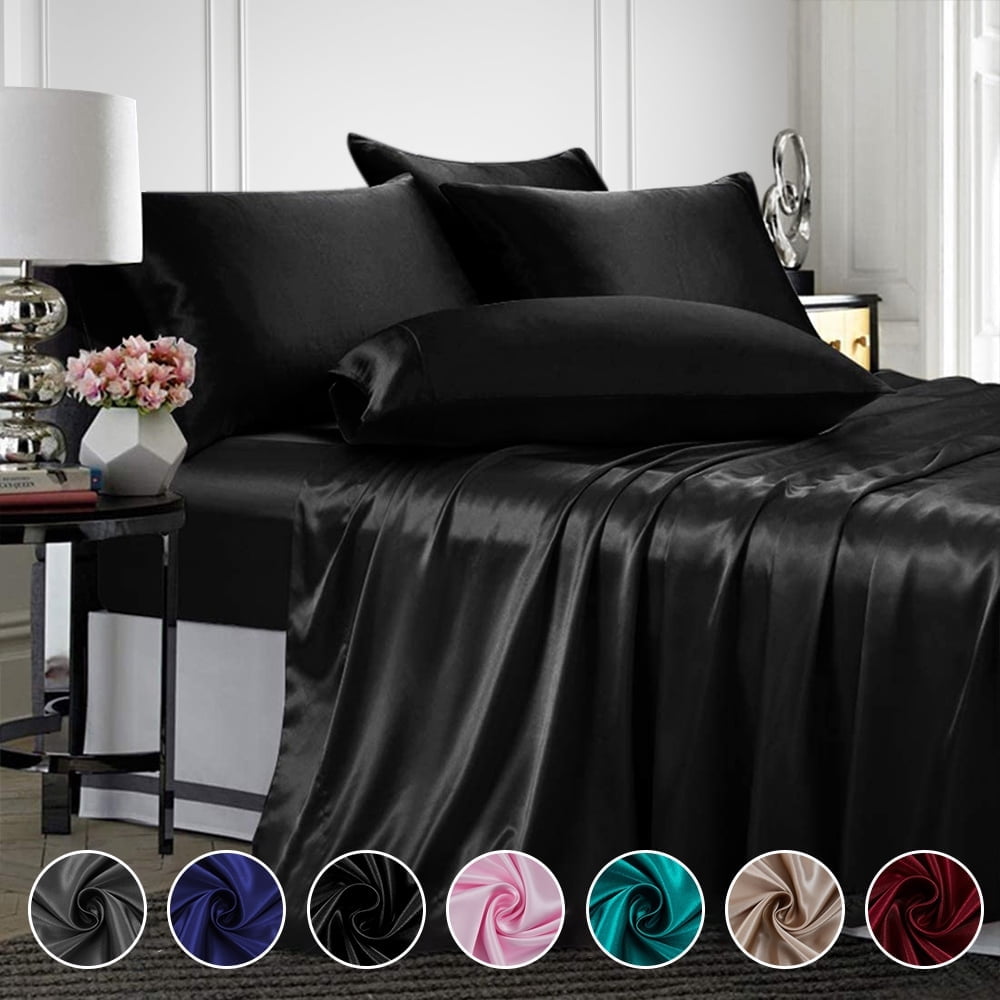 Twin Silk Gray Bed Sheet Set Deep Pocket Bed Flat Fitted Sheet, 3-Pieces