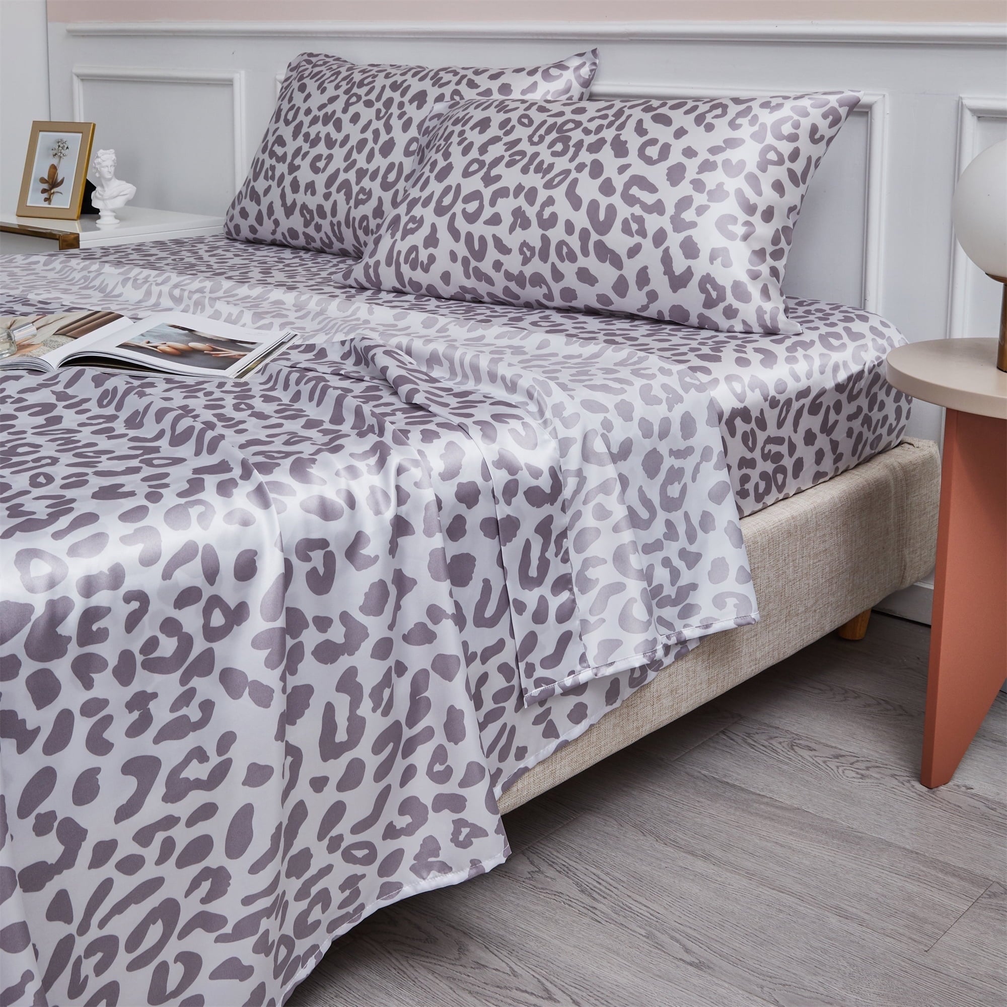 ANMINY Satin Sheets Twin Silk Sheets Silver Leopard Bed Sheet Set Deep Pocket Bed Flat Fitted Sheet, 3-Pieces