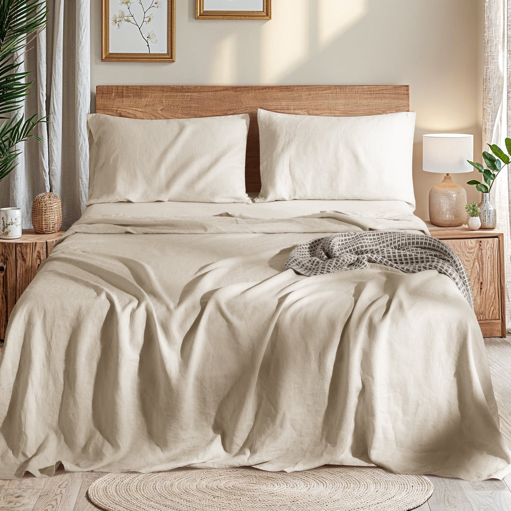 Natural Linen Cotton Bed Sheets Set, Deep Pocket - Breathable - Durable - 4 Pieces (Linen, Queen)