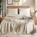 Natural Linen Cotton Bed Sheets Set, Deep Pocket - Breathable - Durable - 4 Pieces (Linen, Queen)