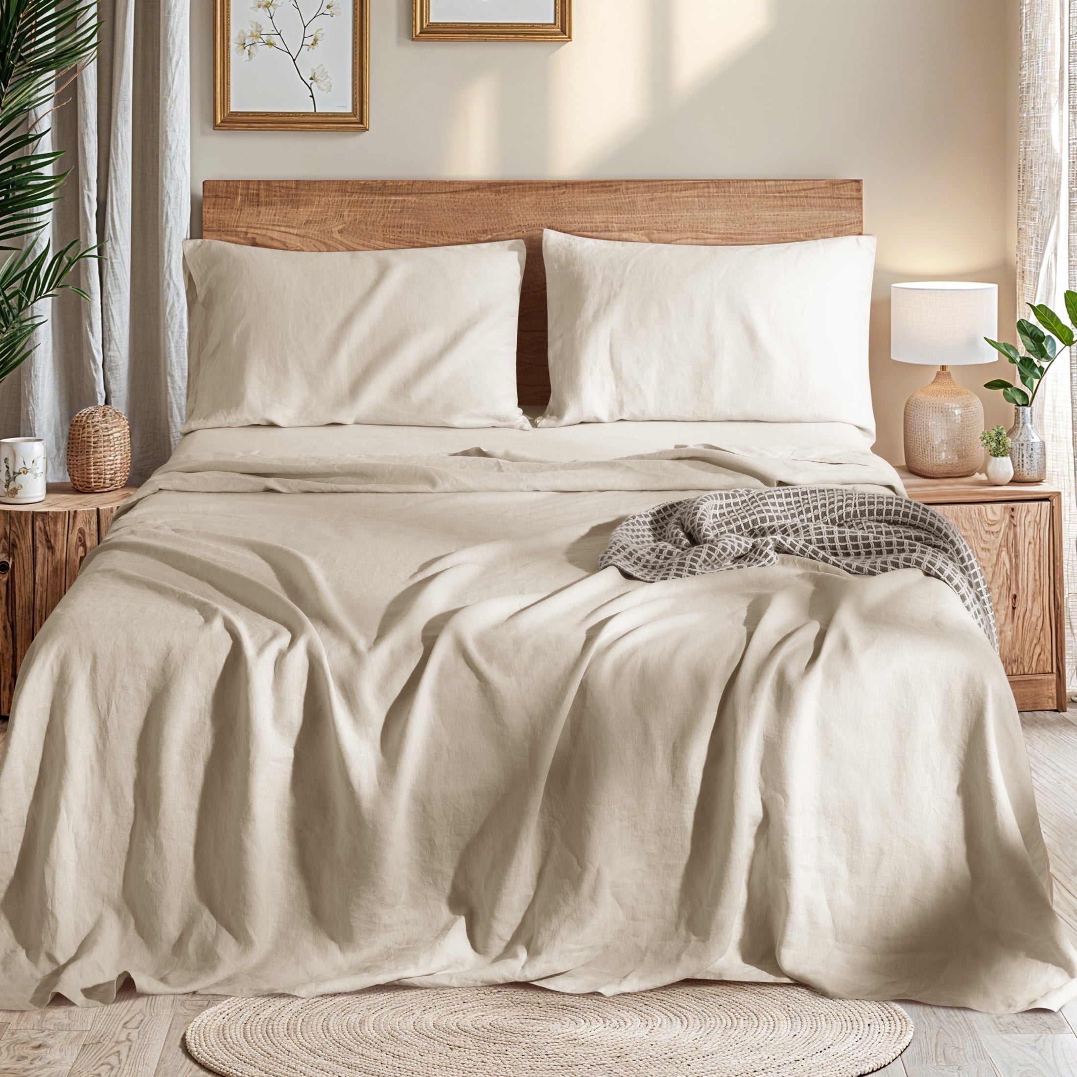Natural Linen Cotton Bed Sheets Set, Deep Pocket - Breathable - Durable - 4 Pieces (Linen, Queen)