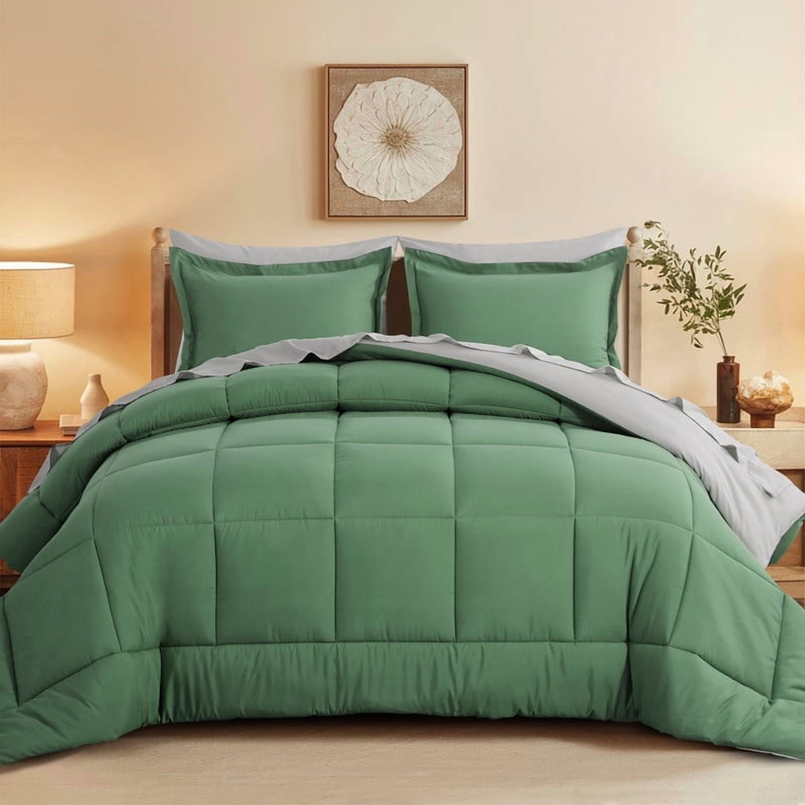 Grass Green/Grey Queen Size Comforter Set,3-Pieces Reversible Comforter Set Soft and Lightweight,All Season Down Alte...