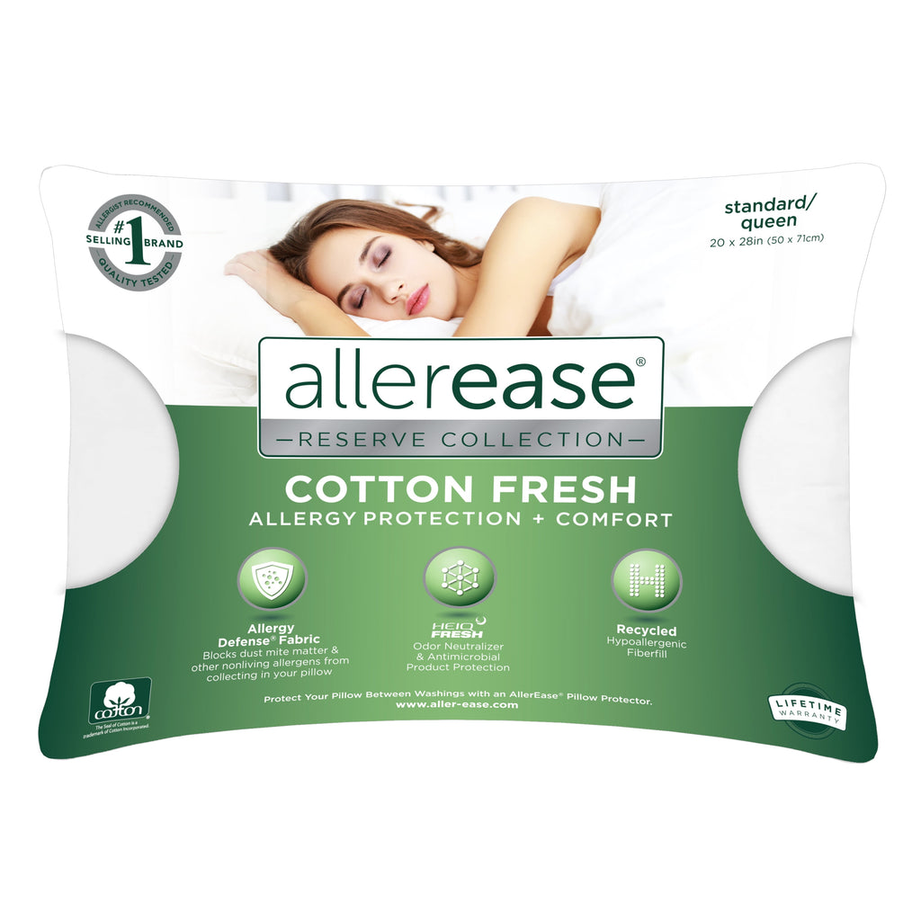 AllerEase Cotton Fresh Bed Pillow, S/Q, White- 2 Pack Antimicrobial Allergy Defense Fabric