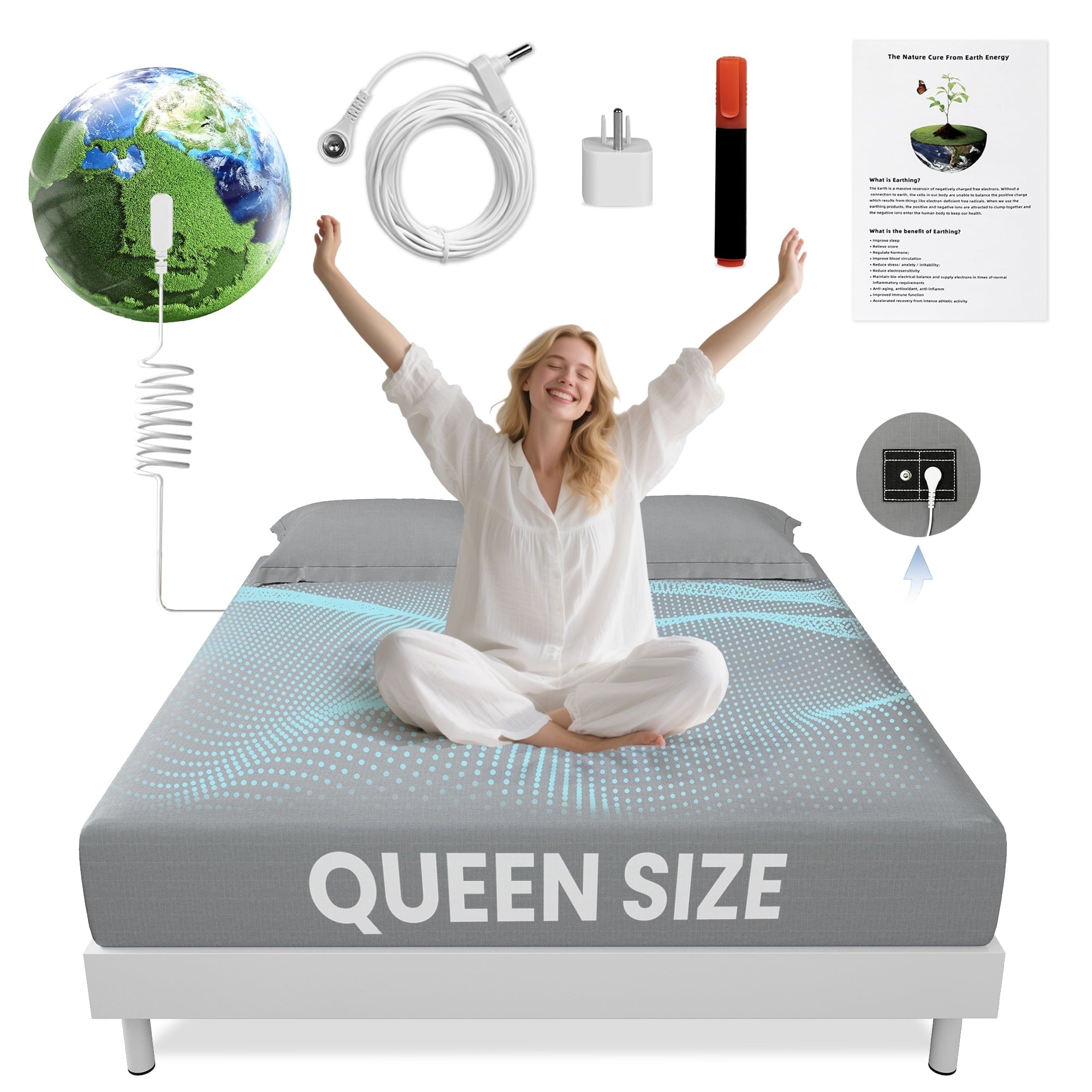 Grounding Sheets Queen Size 90% Organic Cotton + 10% Pure Silver Fitted Bed Sheet Gray Fiber Grounding Sheet Earth Ce...