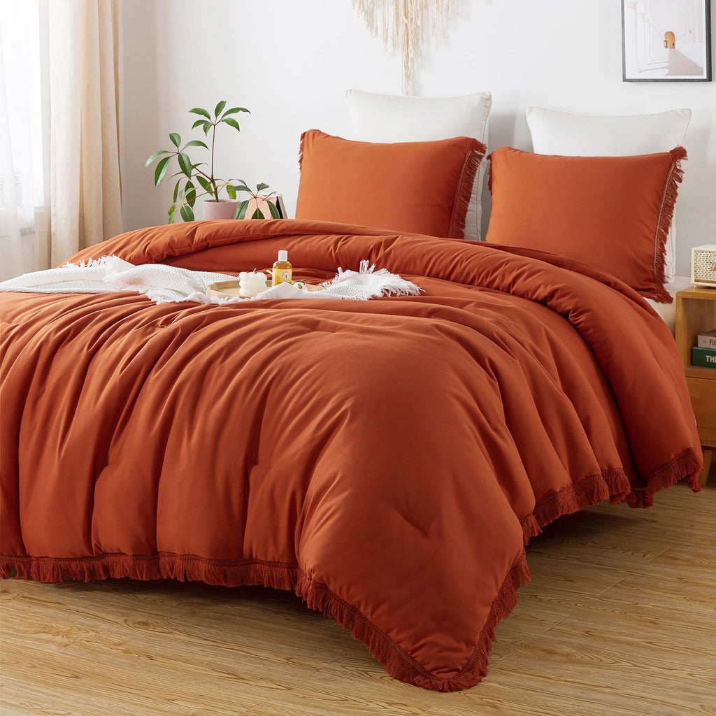 King Size Comforter Sets Burnt Orange, 3 Pieces Soft Fluffy Boho Bedding Comforter Sets for King Bed, All Season Terr...