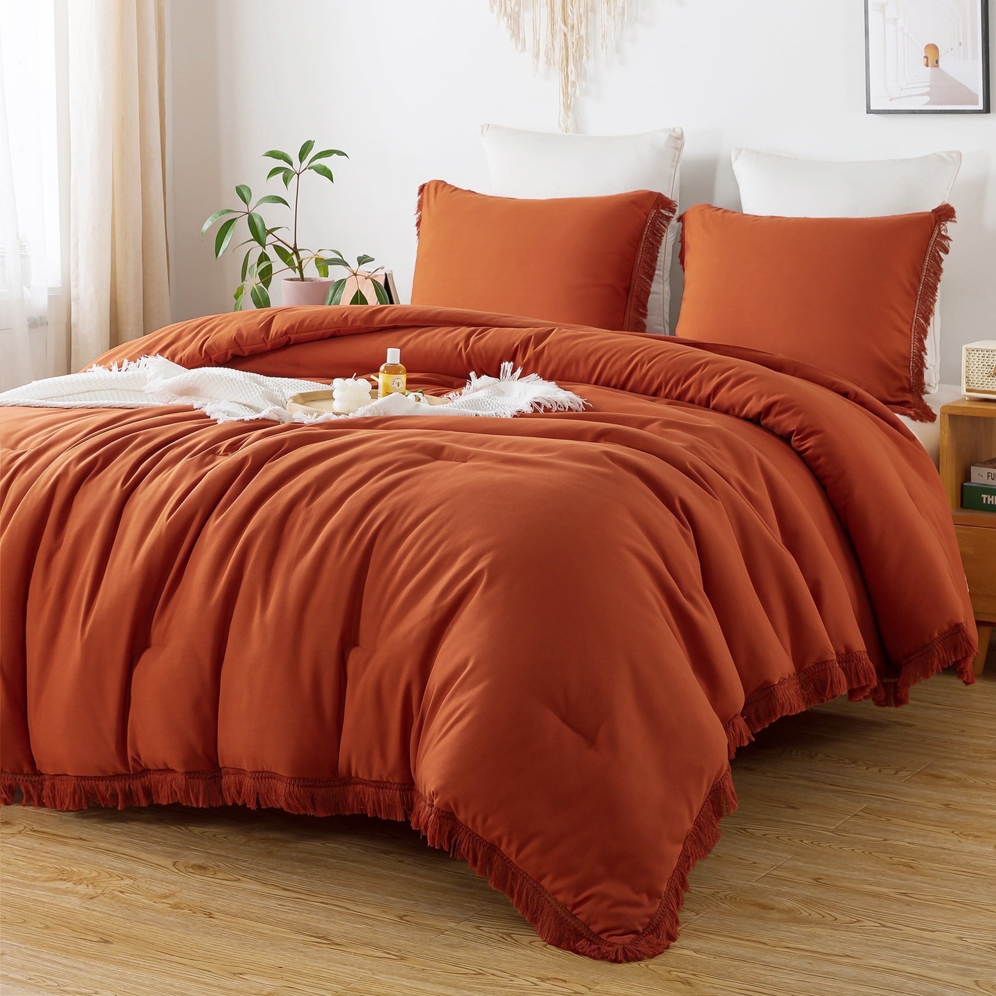 King Size Comforter Sets Burnt Orange, 3 Pieces Soft Fluffy Boho Bedding Comforter Sets for King Bed, All Season Terr...