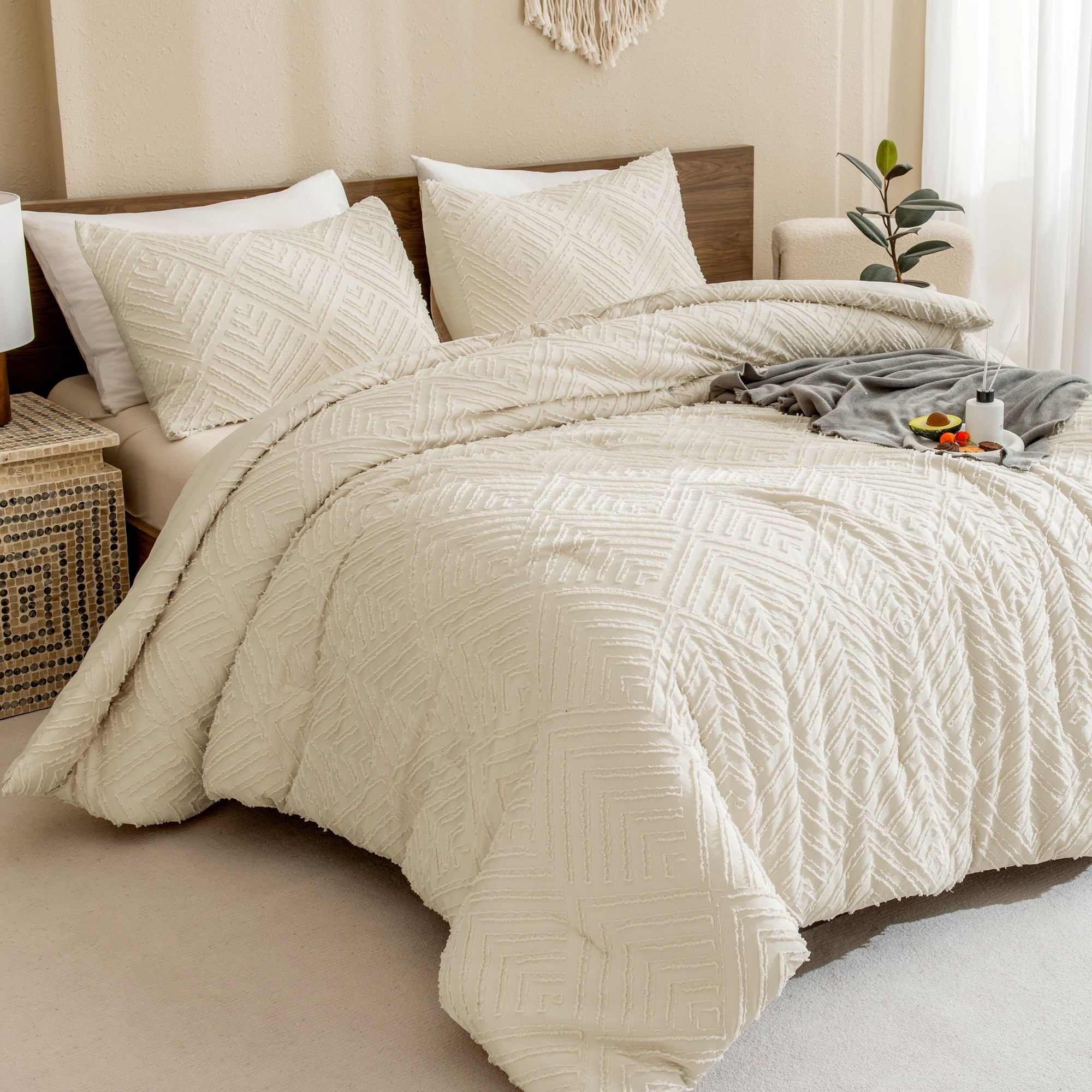 ANGENIA King Size Comforter Sets Beige - 3 Pieces Cream Boho Bedding Comforter Set for King Bed - Soft Fluffy Tufted Textured All Season Bed