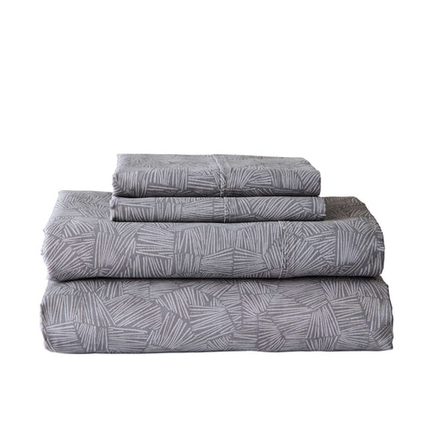 300 Thread Count 4-Piece Cotton Percale Ziggy Geo Print Grey Bed Sheet Set, King