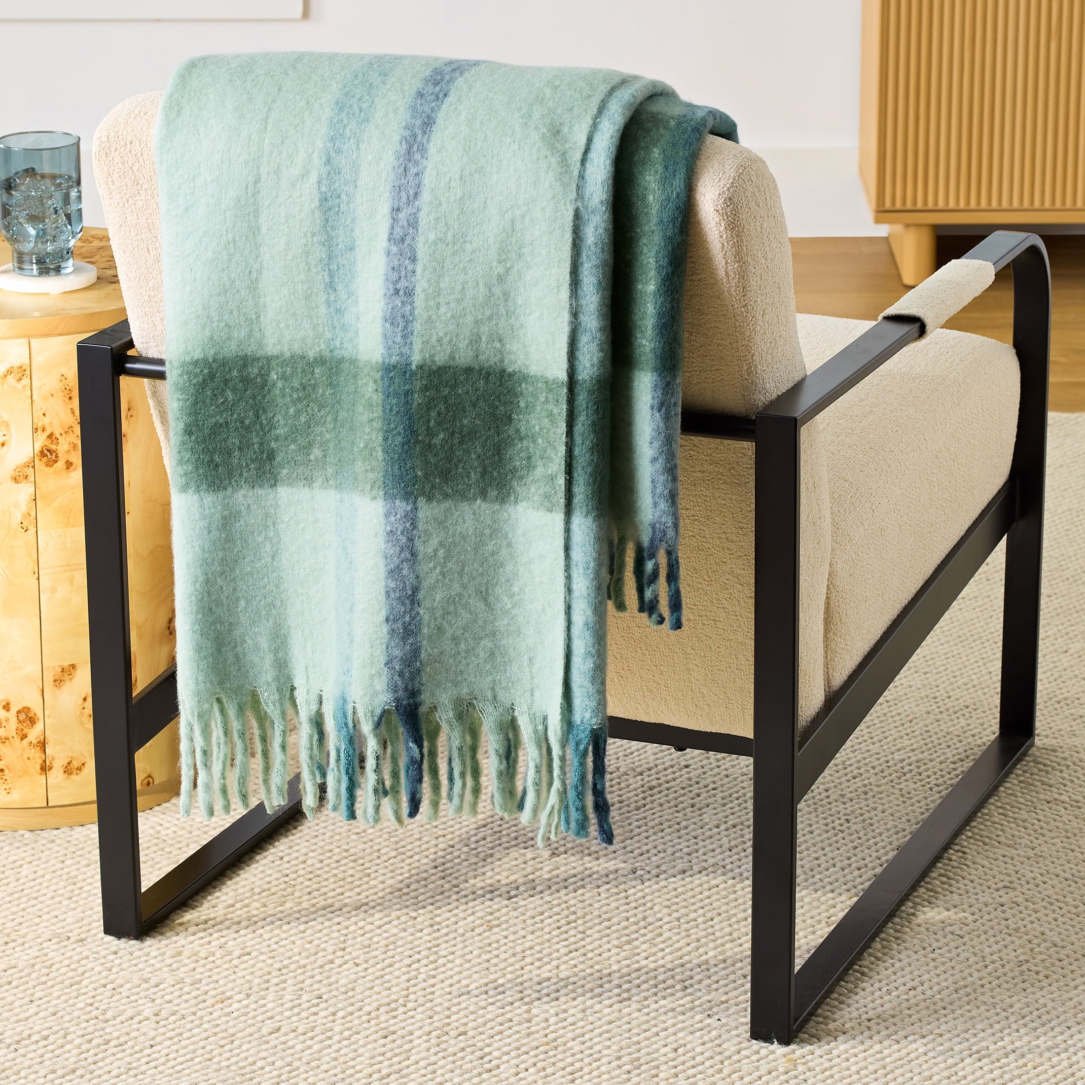 Faux Mohair Cozy Couch Throw Blanket Green Plaid, 50x72"