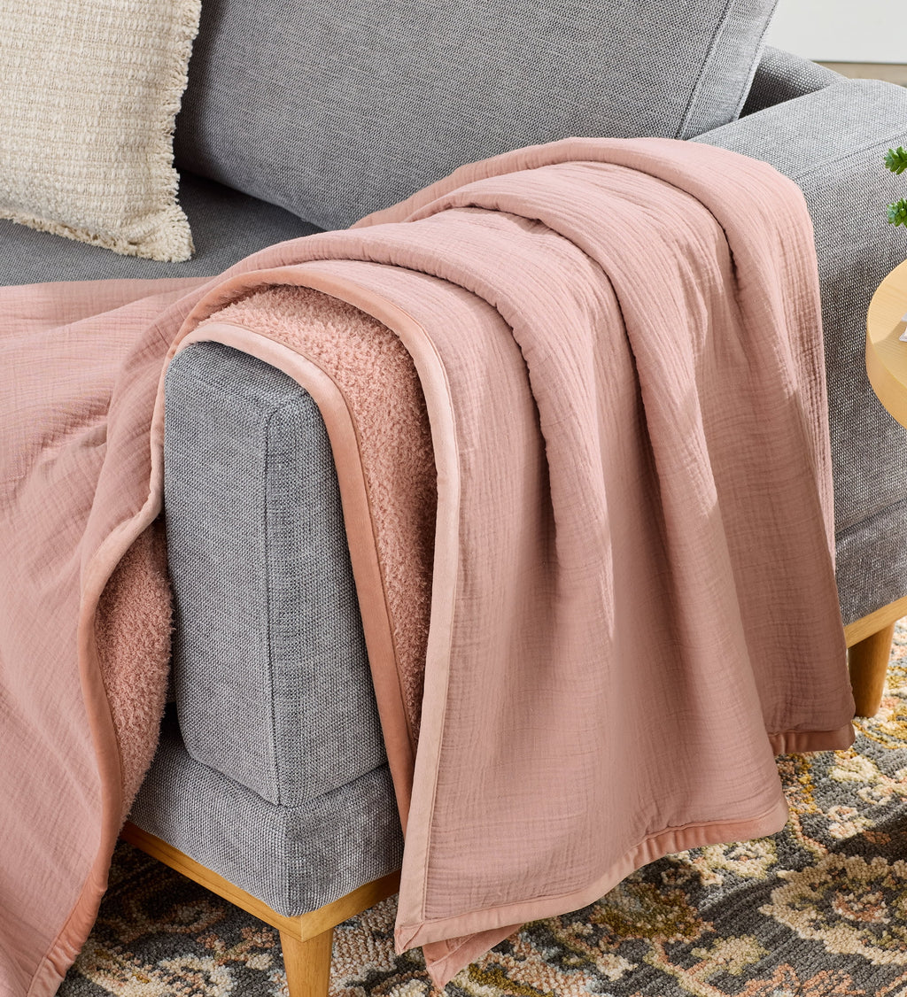 Gauze Reverse to Cozy Knit Super Soft Throw Blanket, Oversized, Antique Blush
