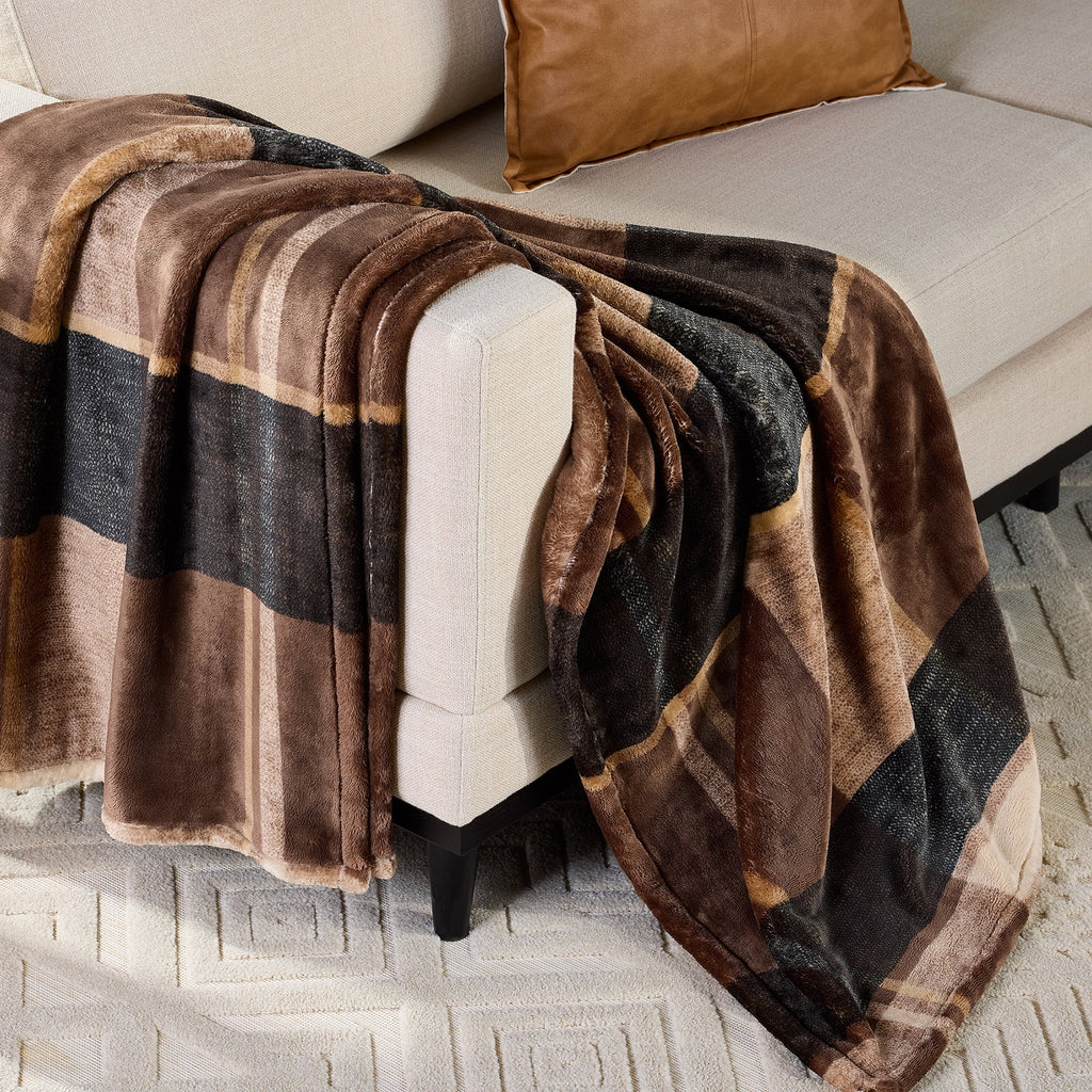 Printed Velvet Plush Super Soft Throw Blanket, Oversized, Shelton Brown Plaid