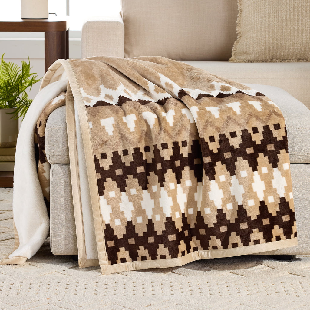 Printed Velvet Plush Reverse to Faux Fur Super Soft Throw Blanket, Oversized, Linder Border Beige