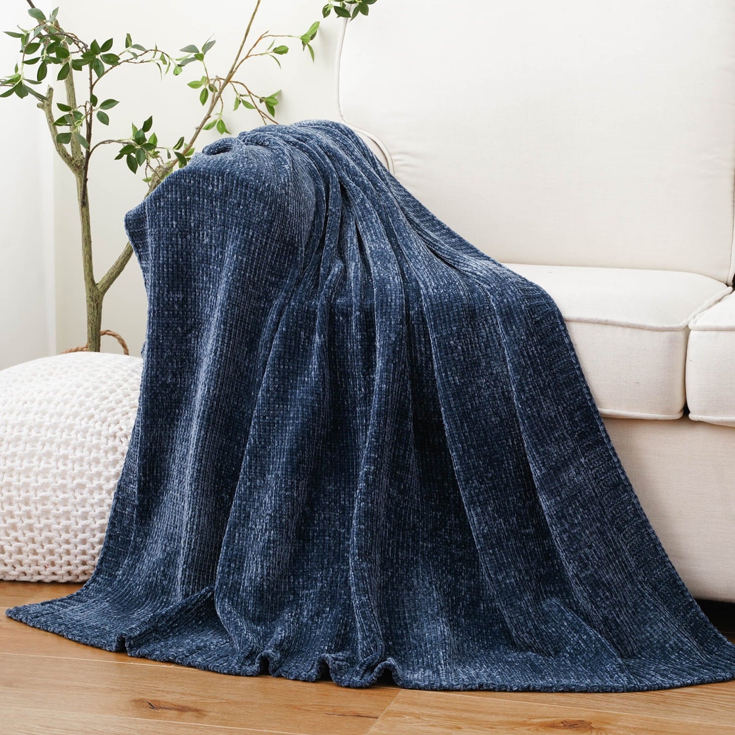 Navy Blue Chenille Throw for Couch Bed,Soft Navy Knit Blanket, Housewarming Gifts, 51"x 67"