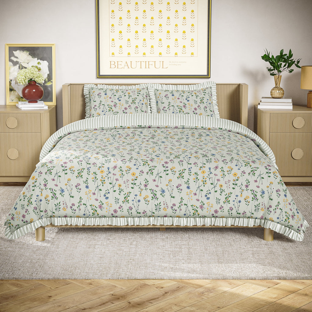 100% Cotton Botanical 3-Piece Sage Green Comforter Set, Full/Queen