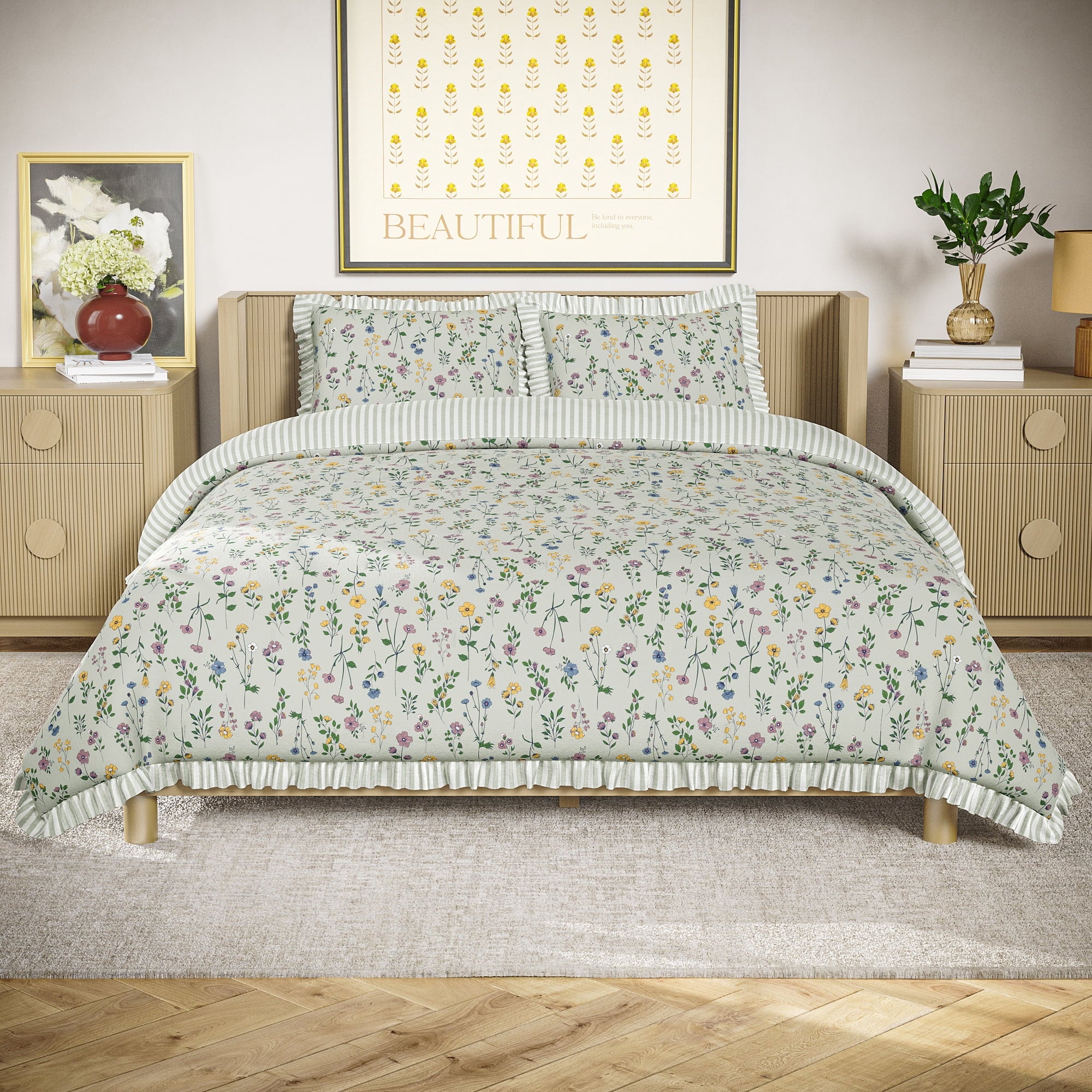 100% Cotton Botanical 3-Piece Sage Green Comforter Set, Full/Queen