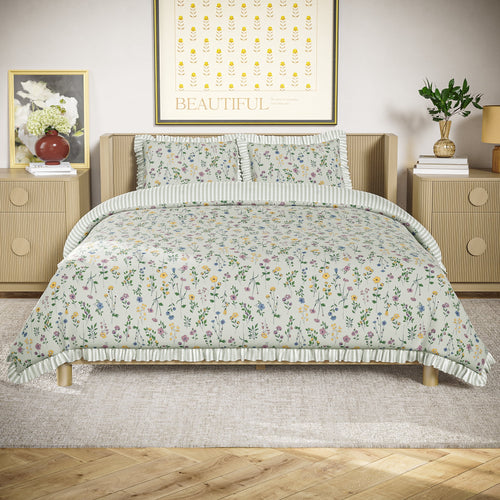 100% Cotton Botanical 3-Piece Sage Green Comforter Set, Full/Queen