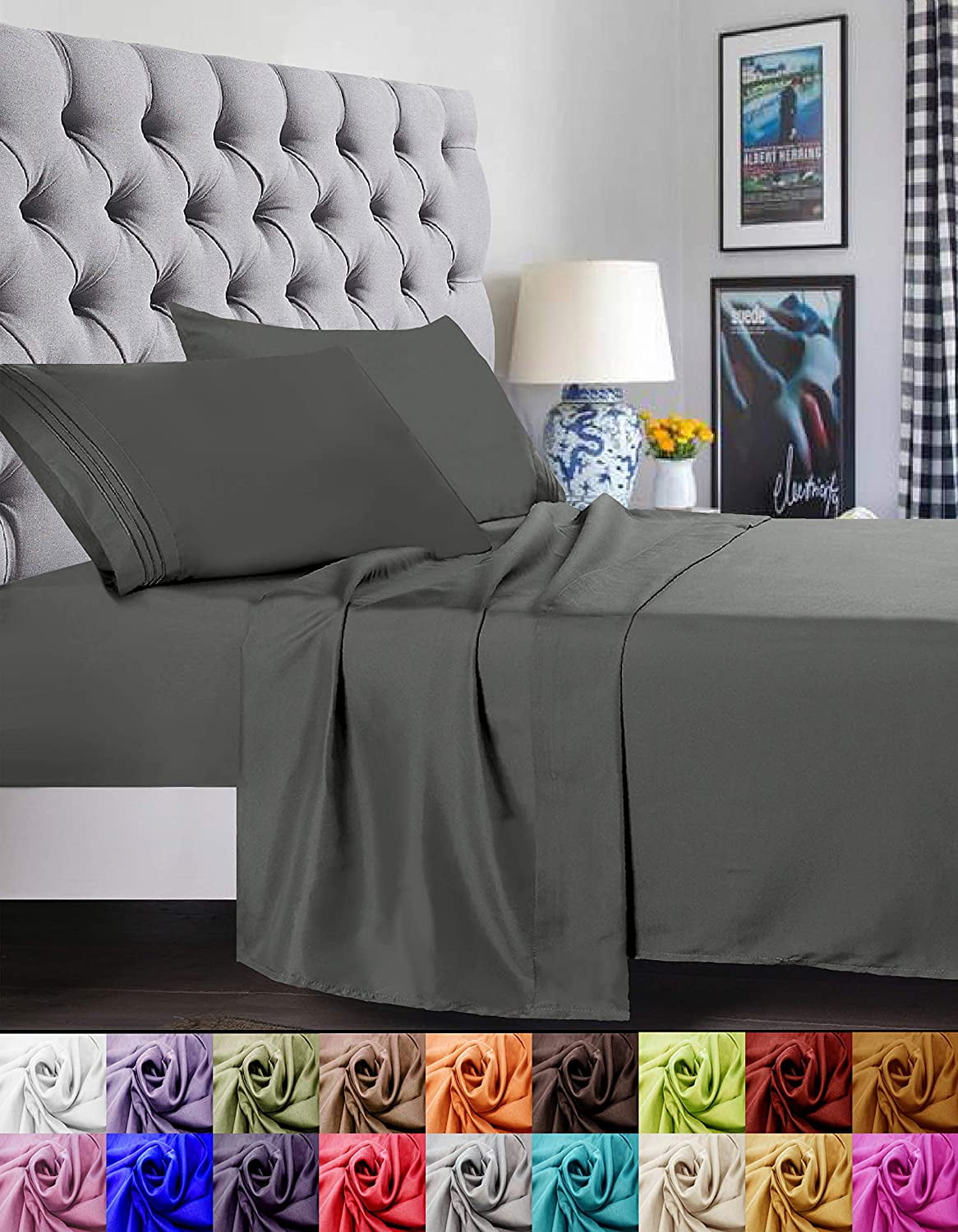 4 Pieces Bed Sheet set Flat,Fitted,Pillowcase , Queen Grey