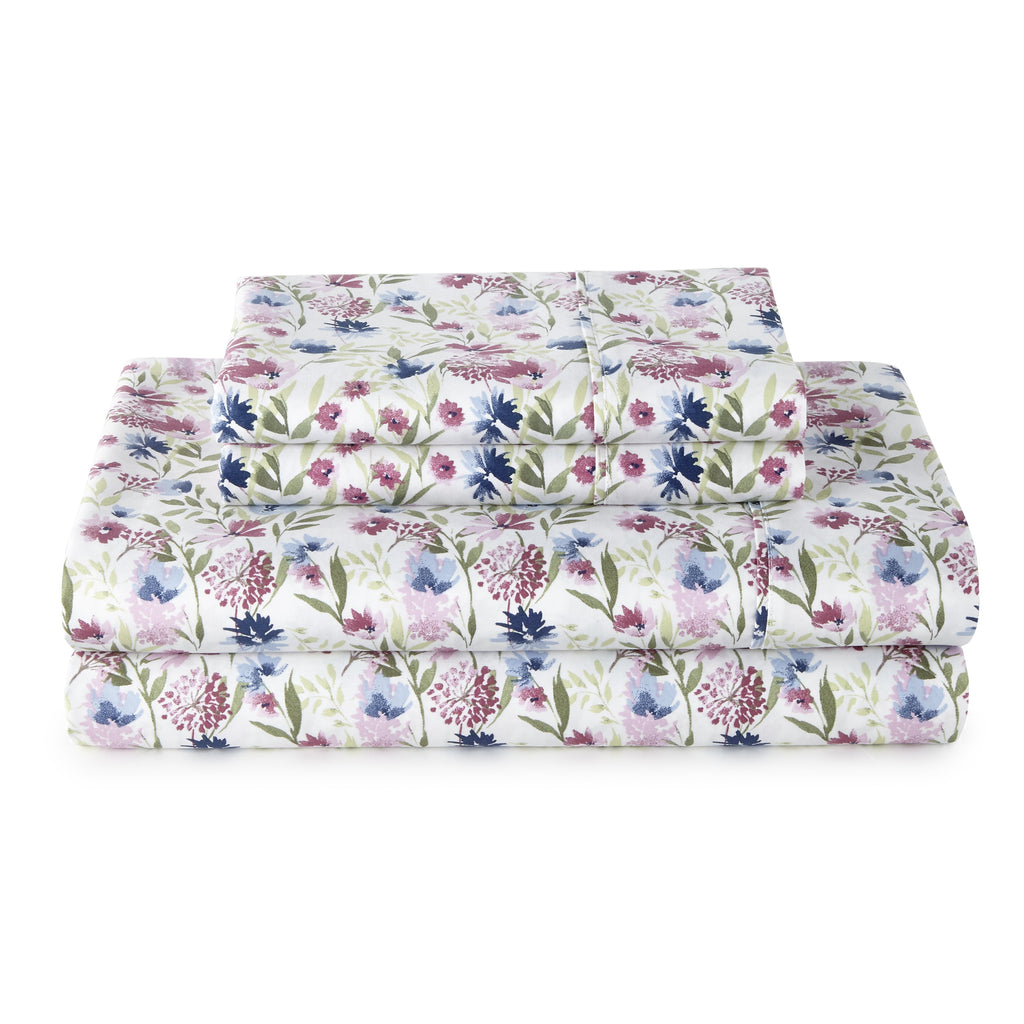 4-Piece 300 Thread Count Bashful Blooms Cool Cotton Sateen Bed Sheet Set, Queen