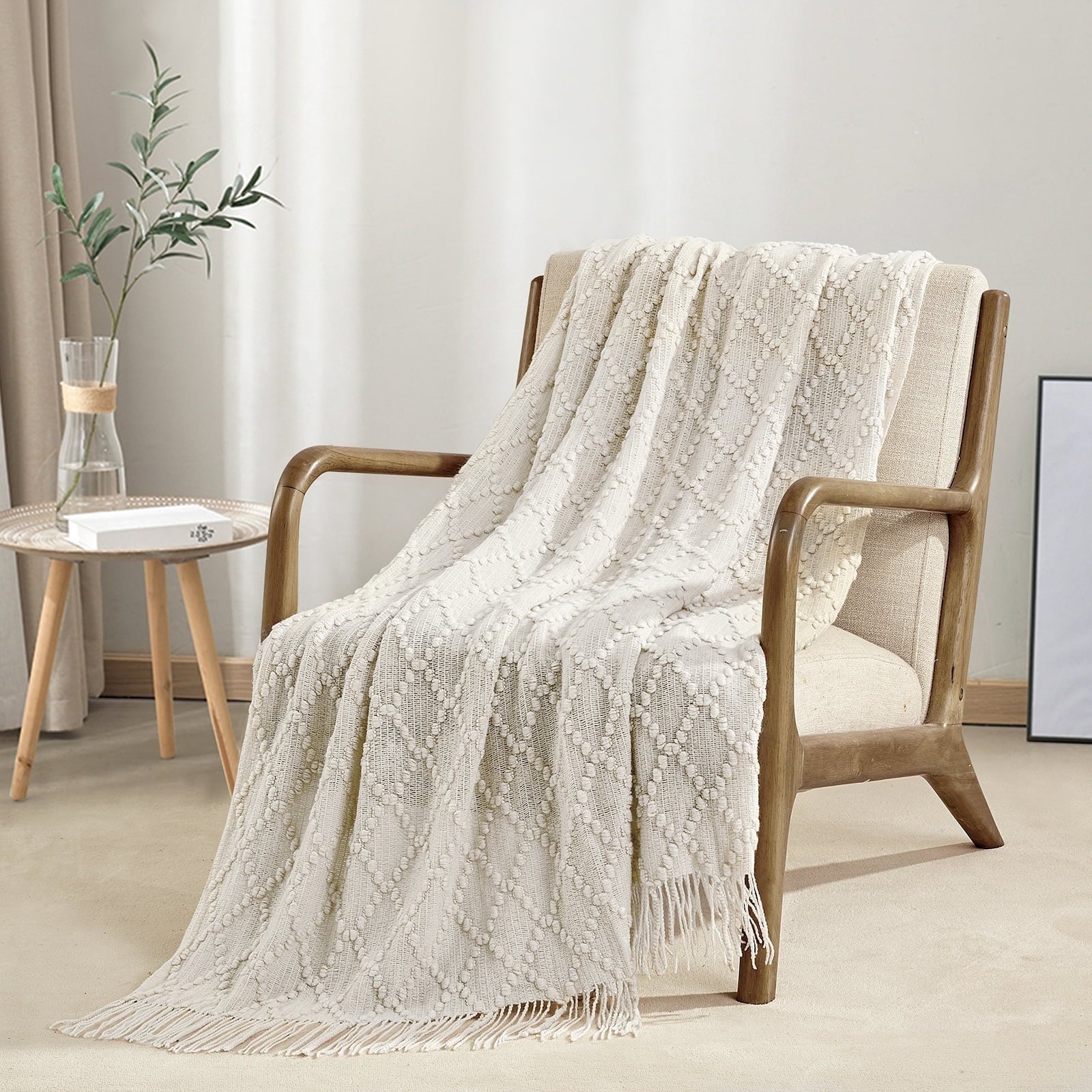 Texture Pure Color Soft Throw Blanket and Sofa Or Bed Knitted Decorative Blanket 50 x70 inches Jacquard Diamond Beige...