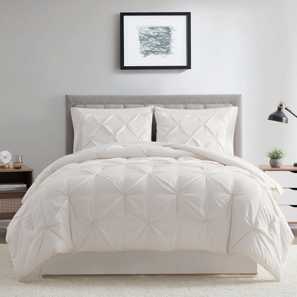 Comforter Set, 3-Piece, Queen, Pleated Wrinkle-Resistant Microfiber Bedding, Ivory, All-Season
