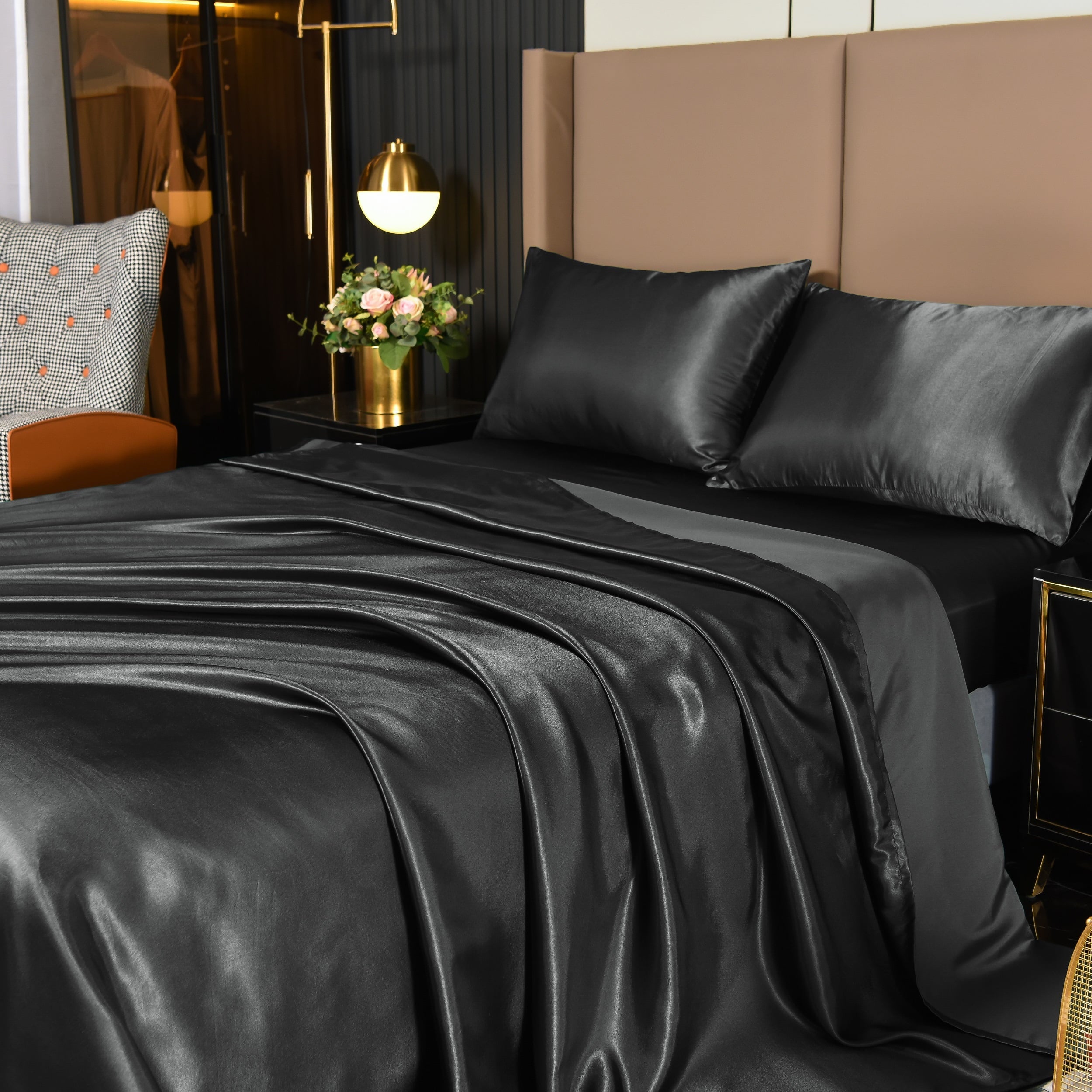 4Pcs Black Satin Sheets Queen Set Silk Sheets 13" Deep Pocket Ultra Soft silky Bed Sheet Set