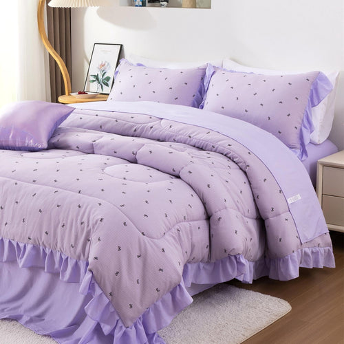 6 Piece Delicate Bows Purple Bedding Set Ruffle Princess Style Comforter Set Bed in a Bag