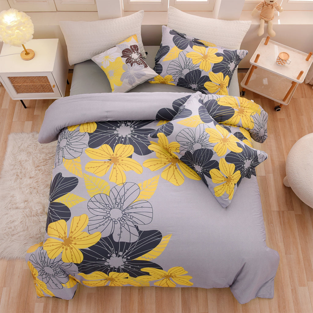Yellow Floral Comforter Set Queen Flower Bed Set Adult Soft Botanical Boho Bedding Set