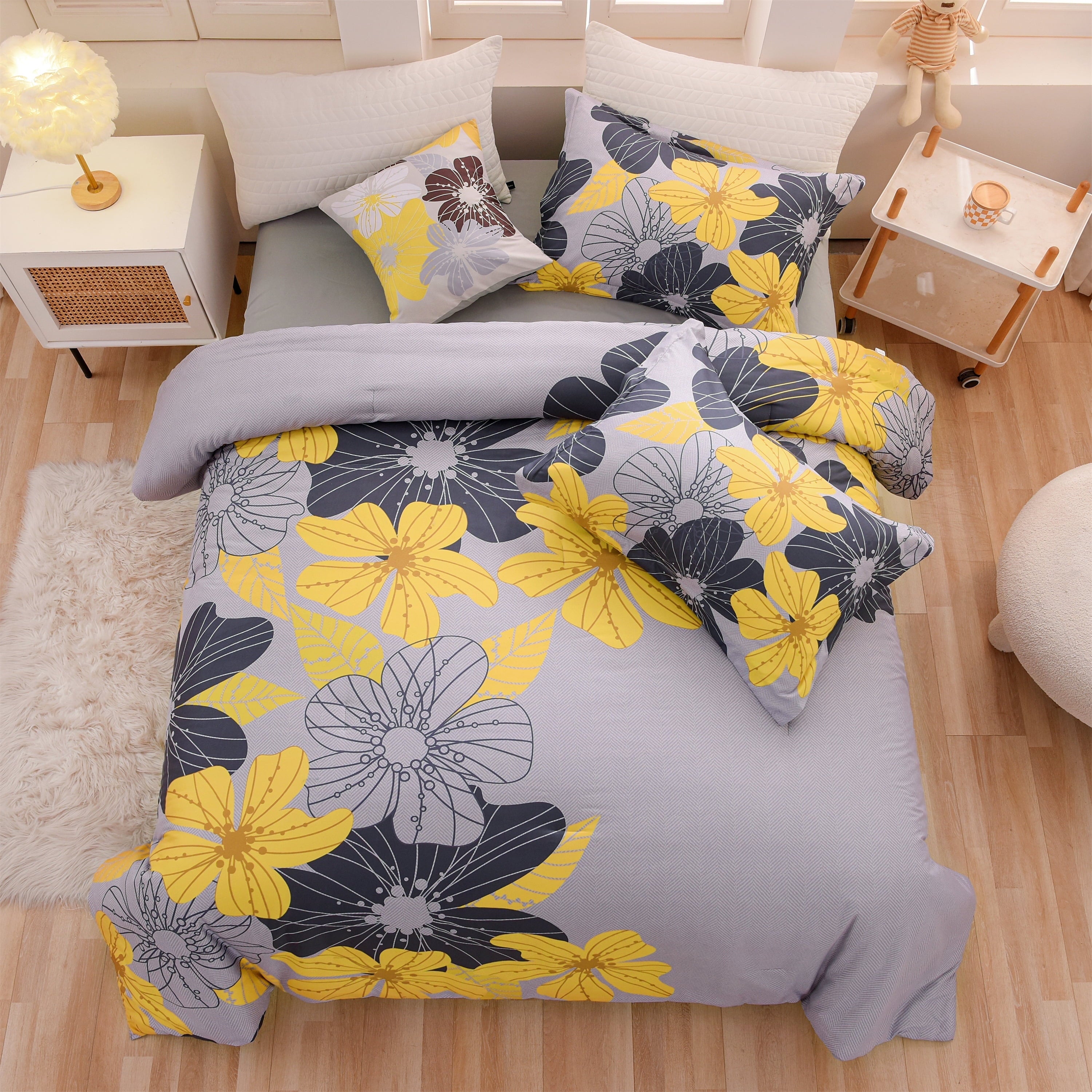 Yellow Floral Comforter Set Queen Flower Bed Set Adult Soft Botanical Boho Bedding Set