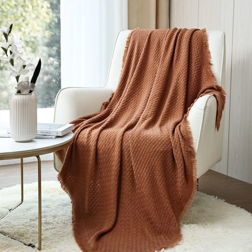 CREVENT Farmhouse Rust Knit Throw Blanket for Couch Sofa Chair Bed Home Decoration, Soft Warm Cozy Light Weight for Spring Summer Fall (50''