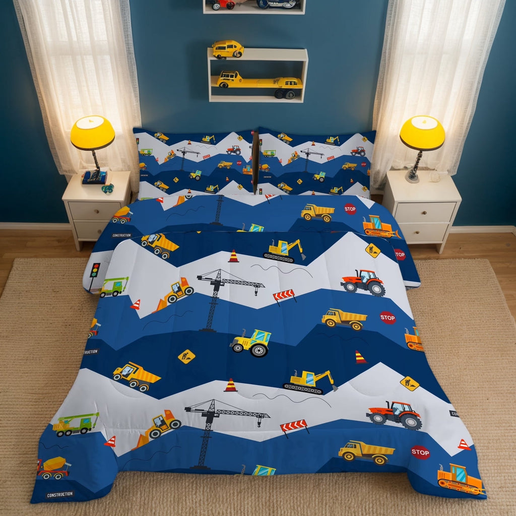 Car Comforter Set Construction Bedding Set for Boys Kids Trucks Comforter Cartoon Car Excavator Tractor Blue 3Pcs Twin