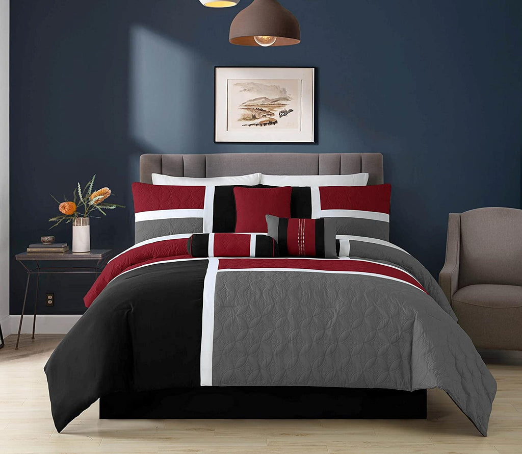 7-Piece Medallion Patchwork Comforter Set, Full, Red/Gray/Black