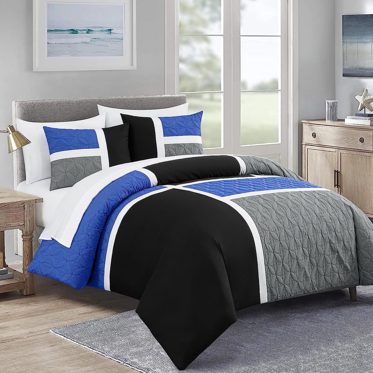 Chezmoi Collection Bernard 7-Piece Full Bed in a Bag Comforter Set with Sheets, Lightweight Comforter Blue Black Gray Patchwork Quilted Meda
