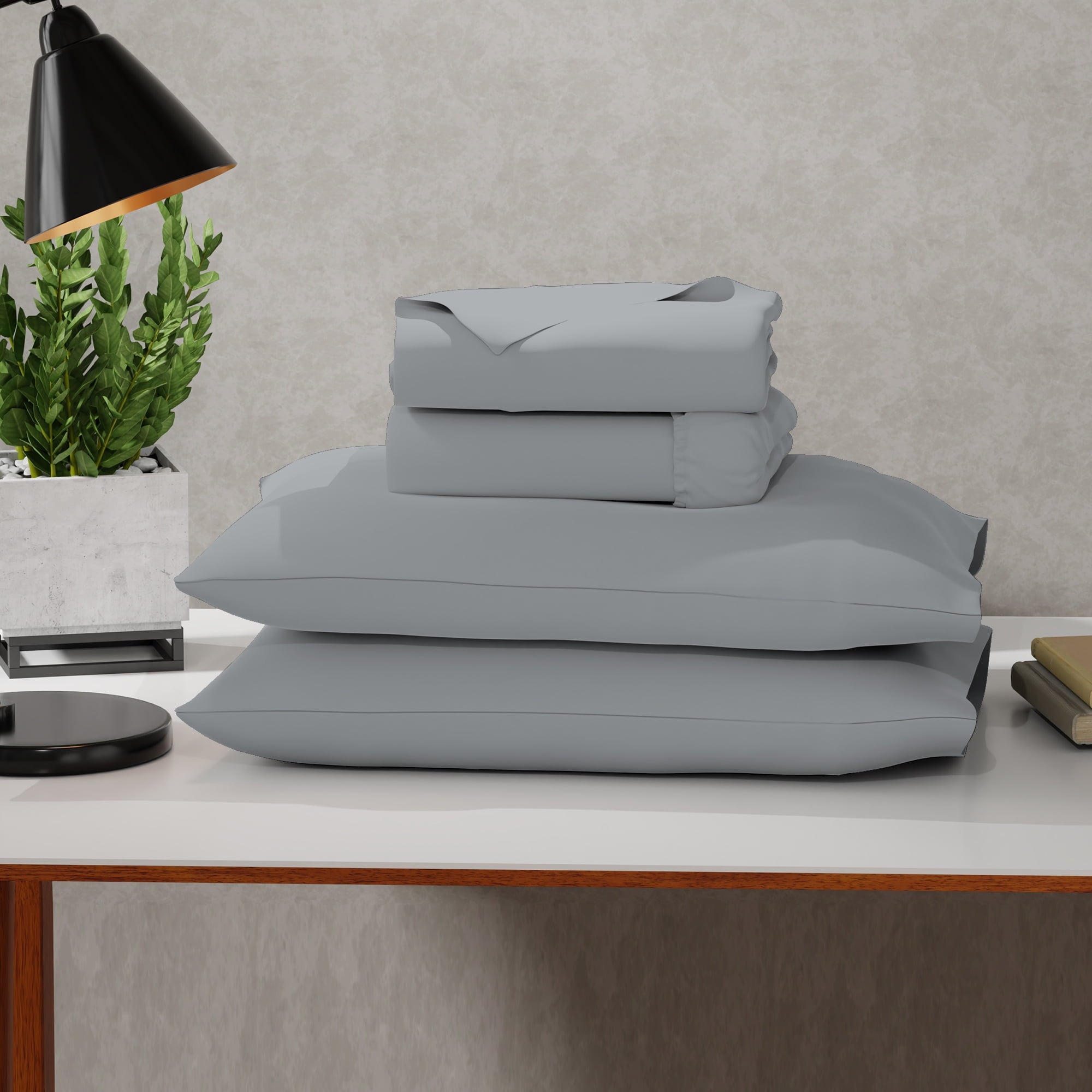 Soft Finish Microfiber Percale Queen Bed Sheet Set – 4-Piece Lightweight, Wrinkle-Resistant, Quick-Dry, Light Gray