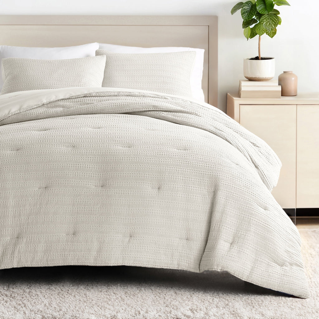 Textured Waffle Comforter Set ins Natural Waffle Comforter Bedding Sets, King/Cal King Size Bedding
