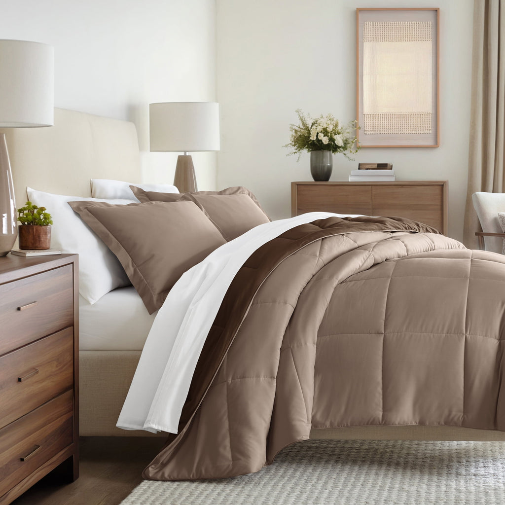 All Season Reversible Comforter Set Breathable Cool in Taupe & Chocolate Brown Full/Queen Size Bedding by Comfort Canopy