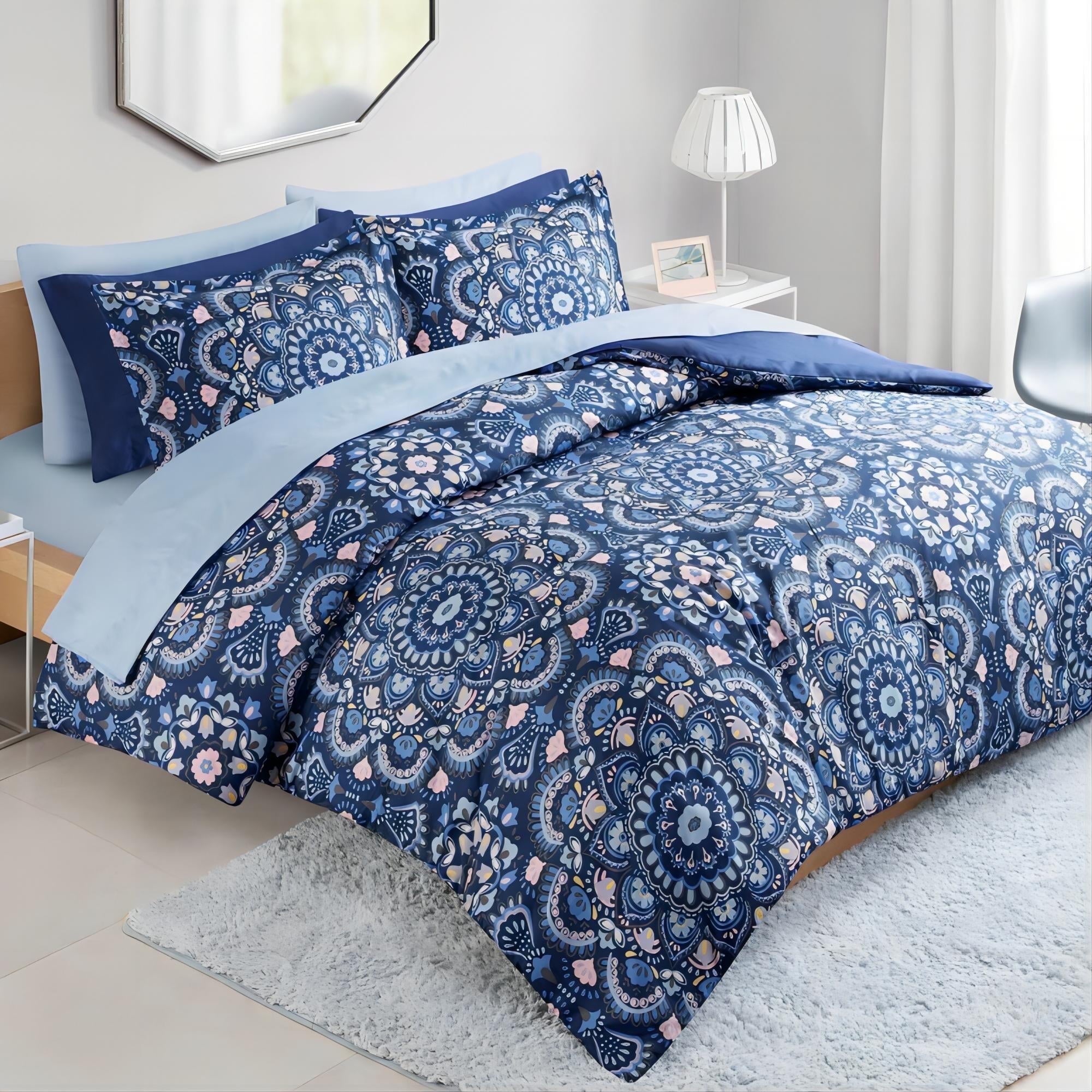 Queen Size Comforter Set, 9-Piece Bed in a Bag Queen, Navy Blue Bedding Comforter Set with Comforter, Flat Sheets, Fi...