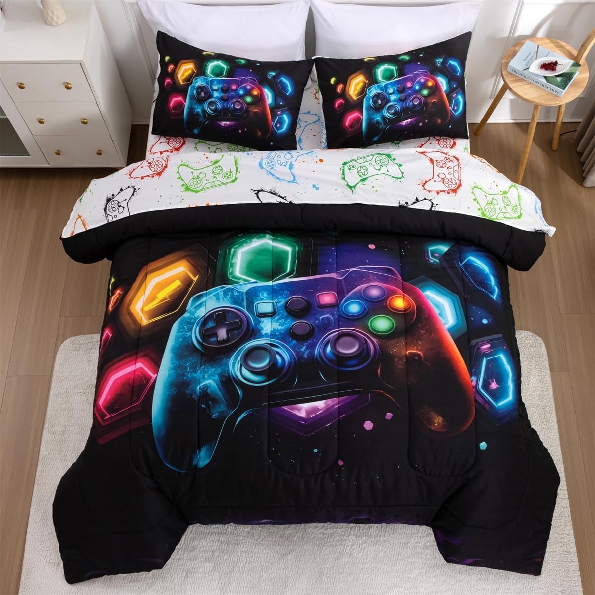 Game Console Comforter Set for Boys Girls Kids Space Universe Gaming Geometric Lightweight Microfiber Gamer Bedding S...