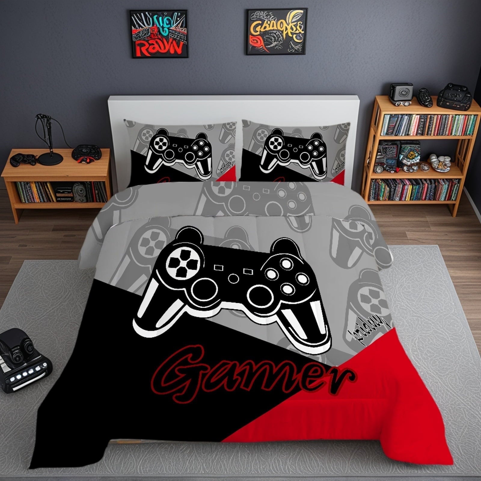 Gaming Comforter for Kids Boys Teens Video Game Bedding Set Gamer Comforter Gamepad Comforter Set Full Size Red Black...