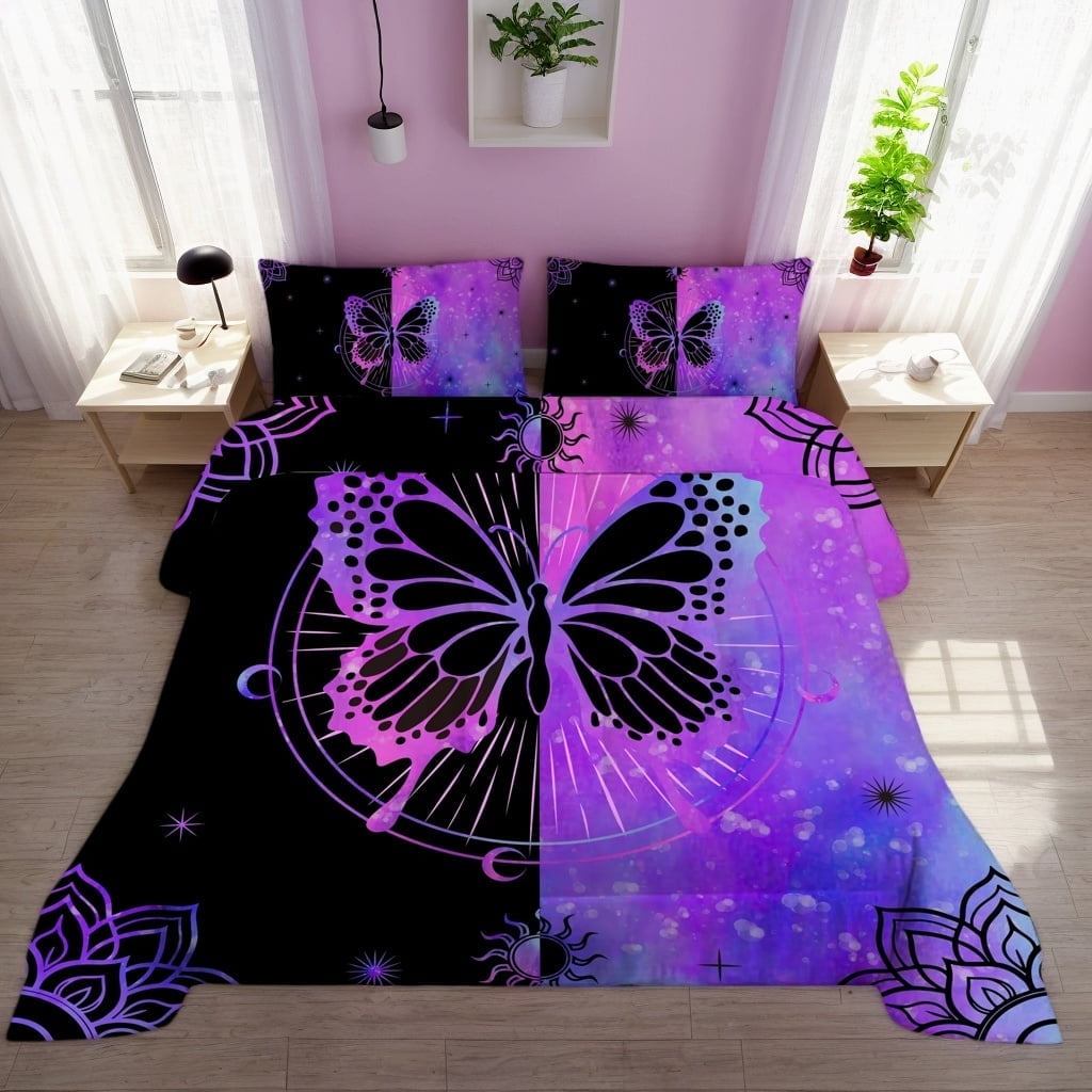 Butterfly Comforter Set Full Size for Girls Kids Teens Black Blue Purple Tie Dye Bedding Set 3 Pieces