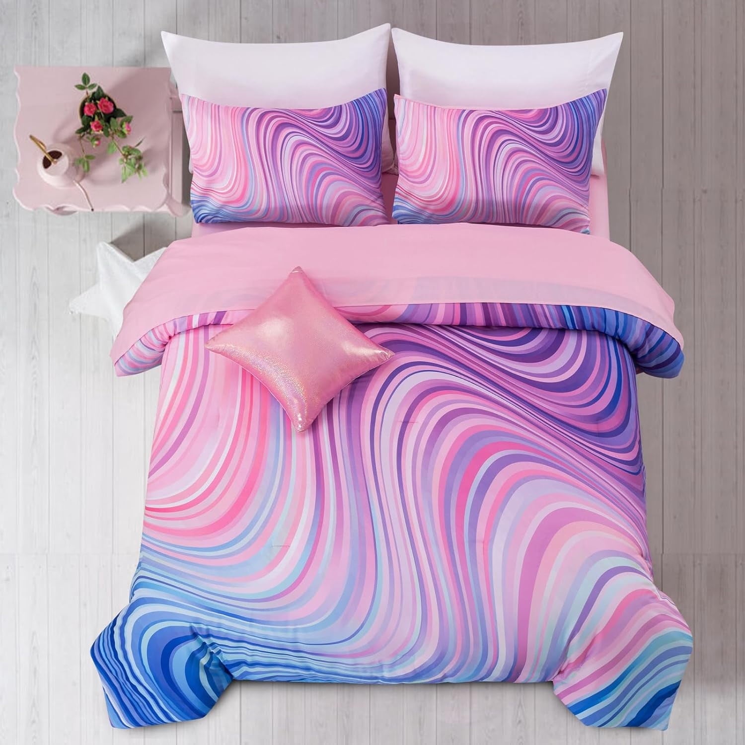 6 Pieces Gradient Star Ring Comforter Set, Colorful Glitter Rainbow Wave Stripes Pattern Bedding Set for Boys Girls T...