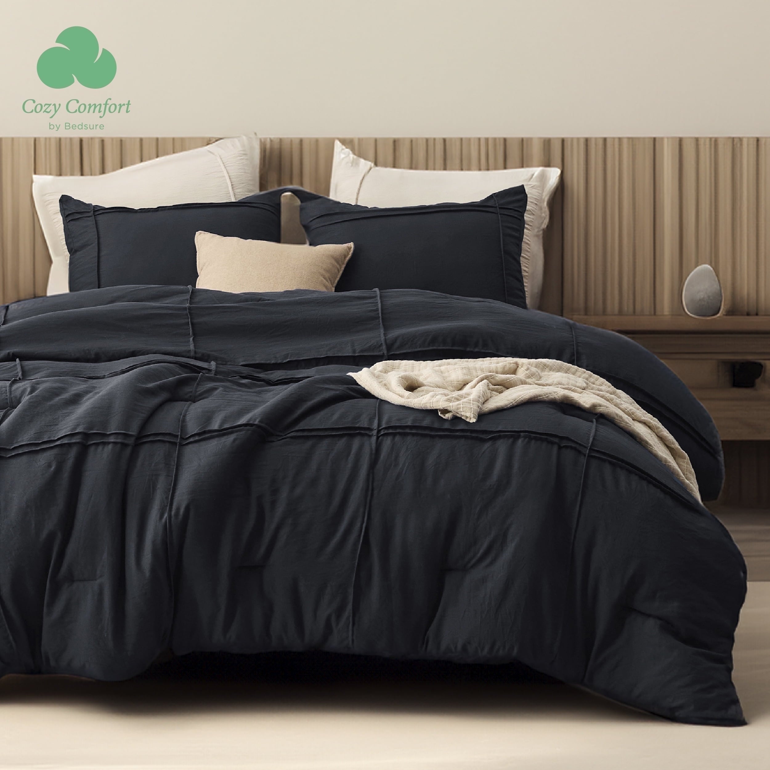 Cozy Comfort Full Comforter Set with Sheet - 4 Pieces Soft Black Bedding Sets, Grid Pinch Pleat, All Season Lightweight Fluffy Bed Set with