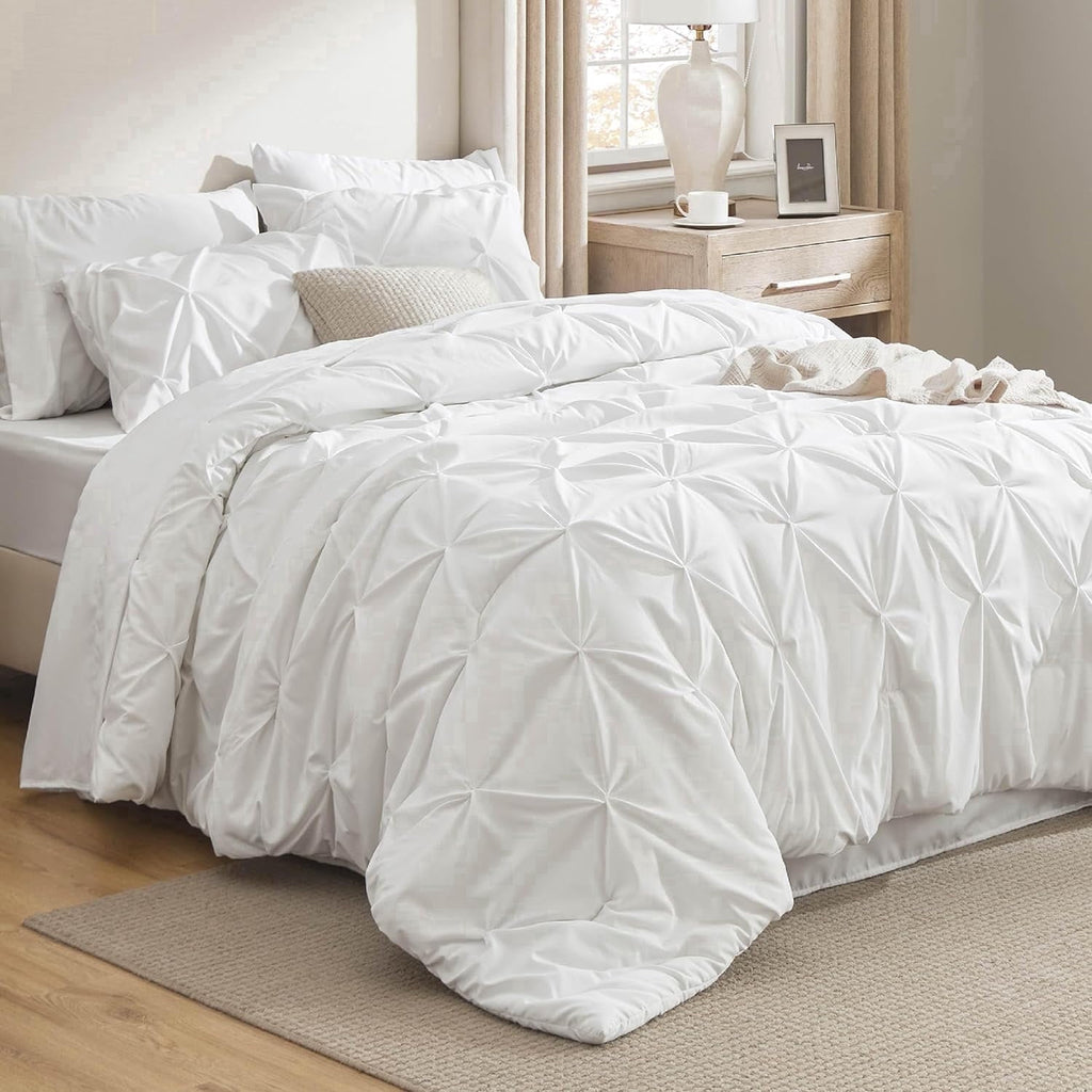 White Queen Comforter Set- 7 Pieces Pintuck Bedding Set with Comforters, Sheets, Pillowcases & Shams