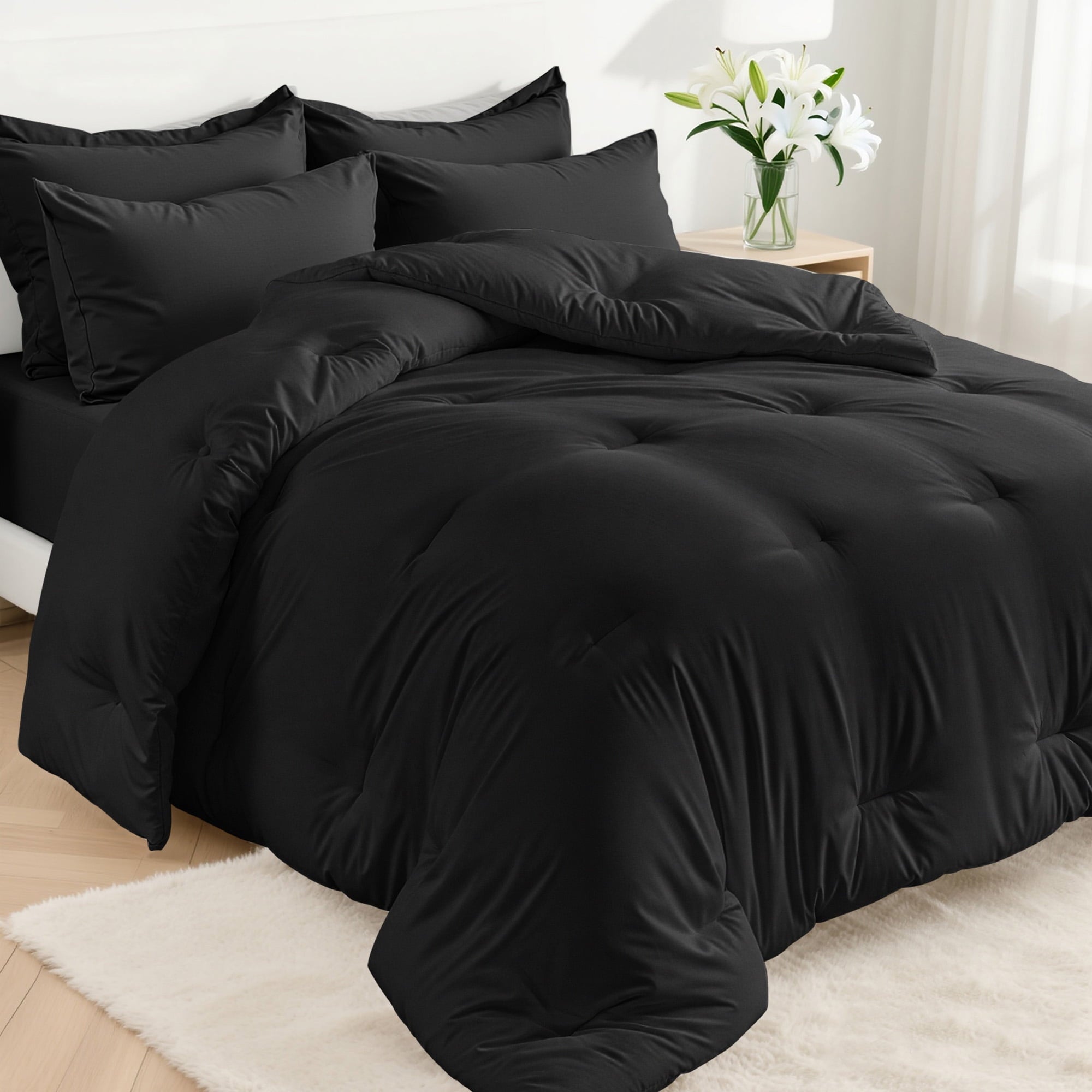5-Piece Bed in Bag - Twin Size Comforter Sets, Pillowcases & Sheet Collection for Cozy Bedding Sets Black