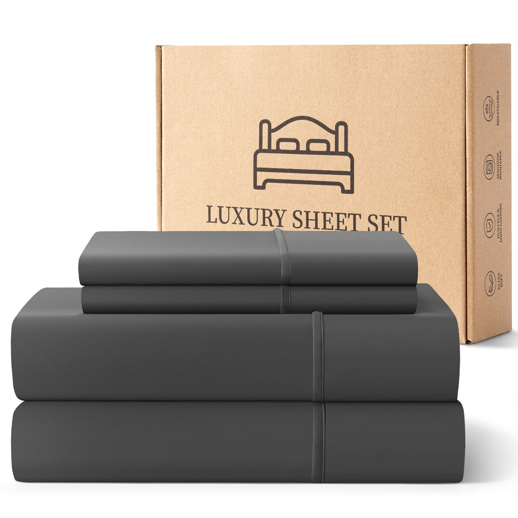 Sheets,Soft Hotel Luxury Polyester Washed Cotton,4 Piece Sheets Set,with 14" Deep Pocket,Dark Gray