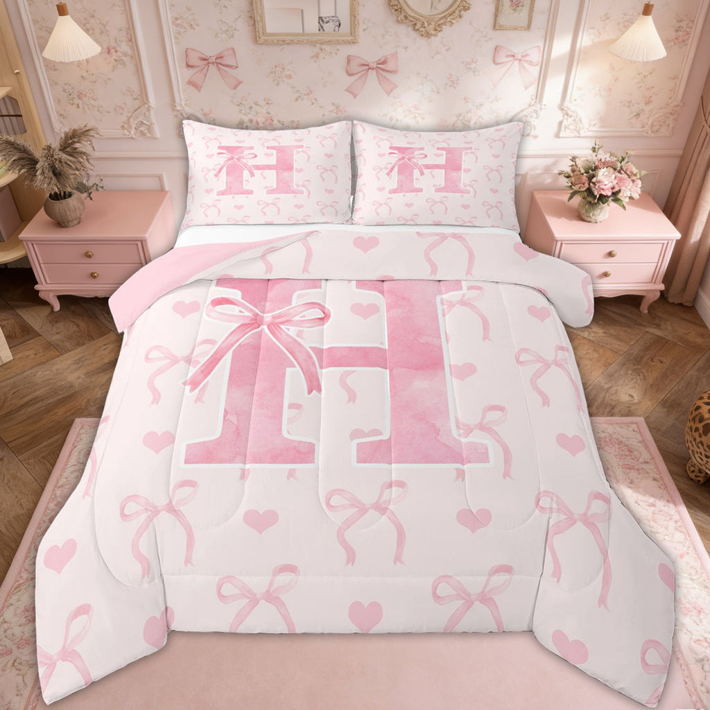 Kawaii Bowknot Bedding Sets Full with Comforter, Initial H Duvet Insert, Romantic Initial A-Z Decor, Reversible