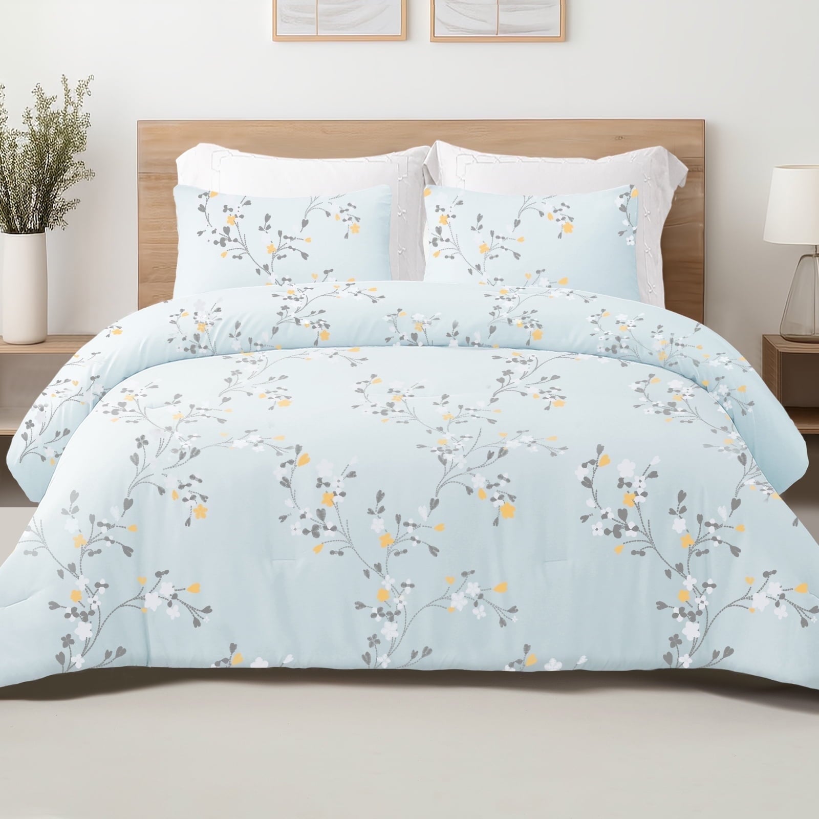 3-Piece Floral King Size Comforter Set, Microfiber Bedding Down Alternative Comforter for All Seasons with 2 Pillow S...