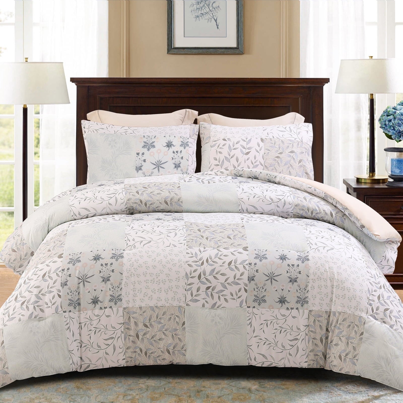 3-Piece Patchwork King Size Comforter Set, Microfiber Bedding Down Alternative Comforter for All Seasons with 2 Pillo...