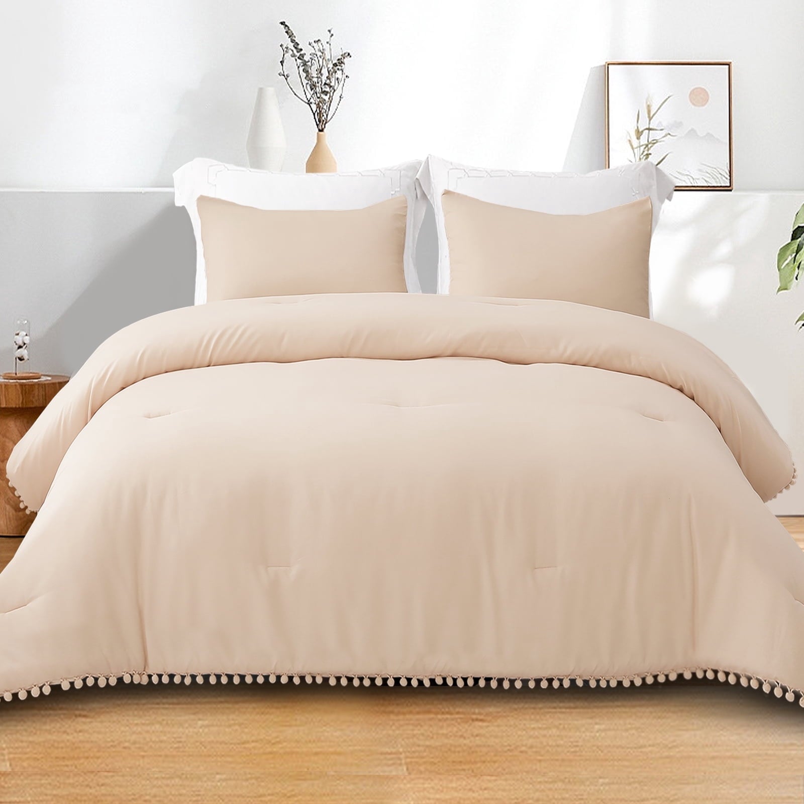 Boho Pom Pom Ball Fringe King Size Comforter Set, 3 Pieces Beige Lightweight Down Alternative Bedding Comforter Sets ...