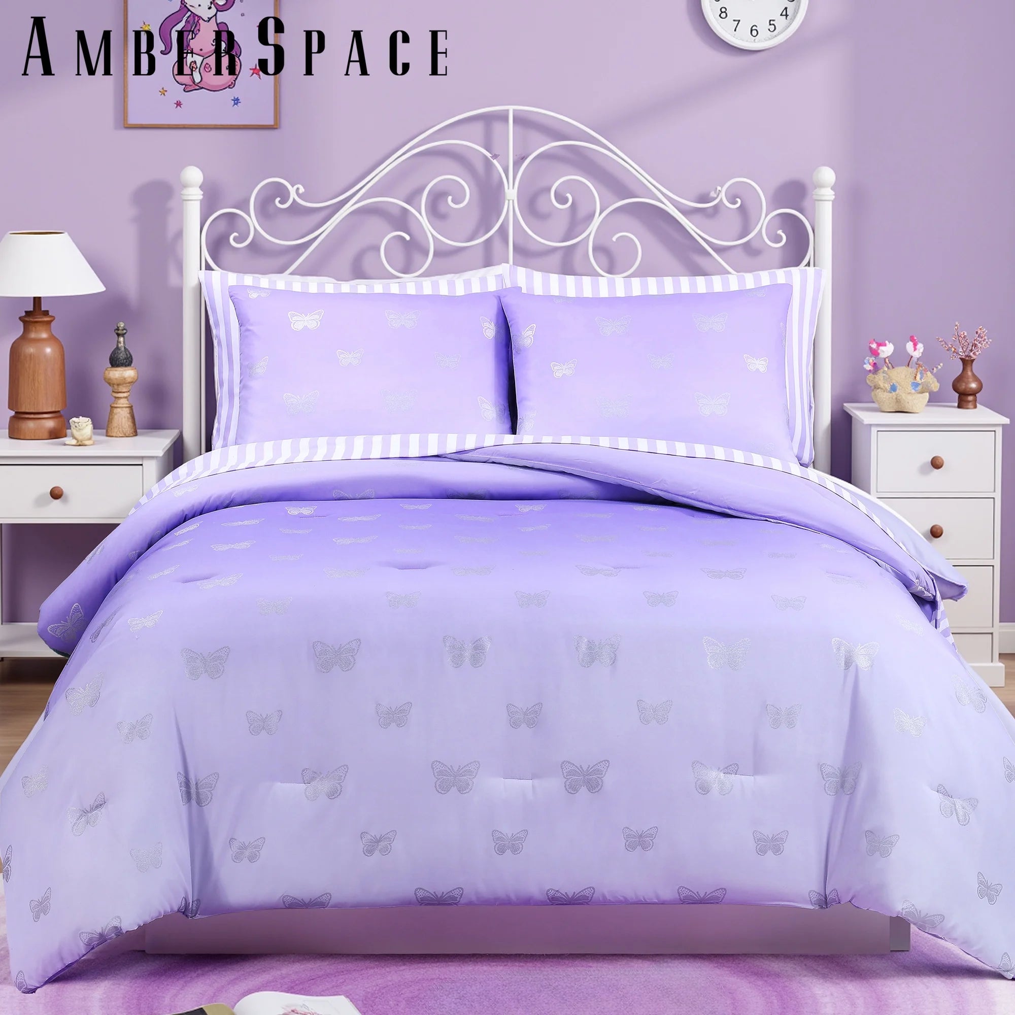 gold foil Design 7-piece Bed in a Bag Comforter Set with Sheets,Purple/Silver Butterflies,Full